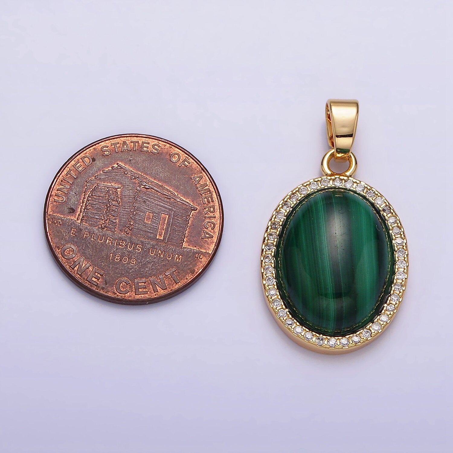 Green Malachite Oval Cabochon Charm 16K Gold Filled Oval Pendant with Micro Pave Cz Bezel AA436