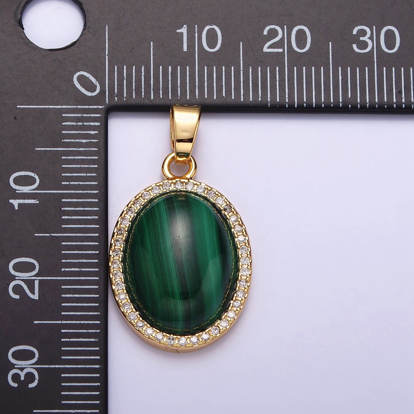 Green Malachite Oval Cabochon Charm 16K Gold Filled Oval Pendant with Micro Pave Cz Bezel AA436