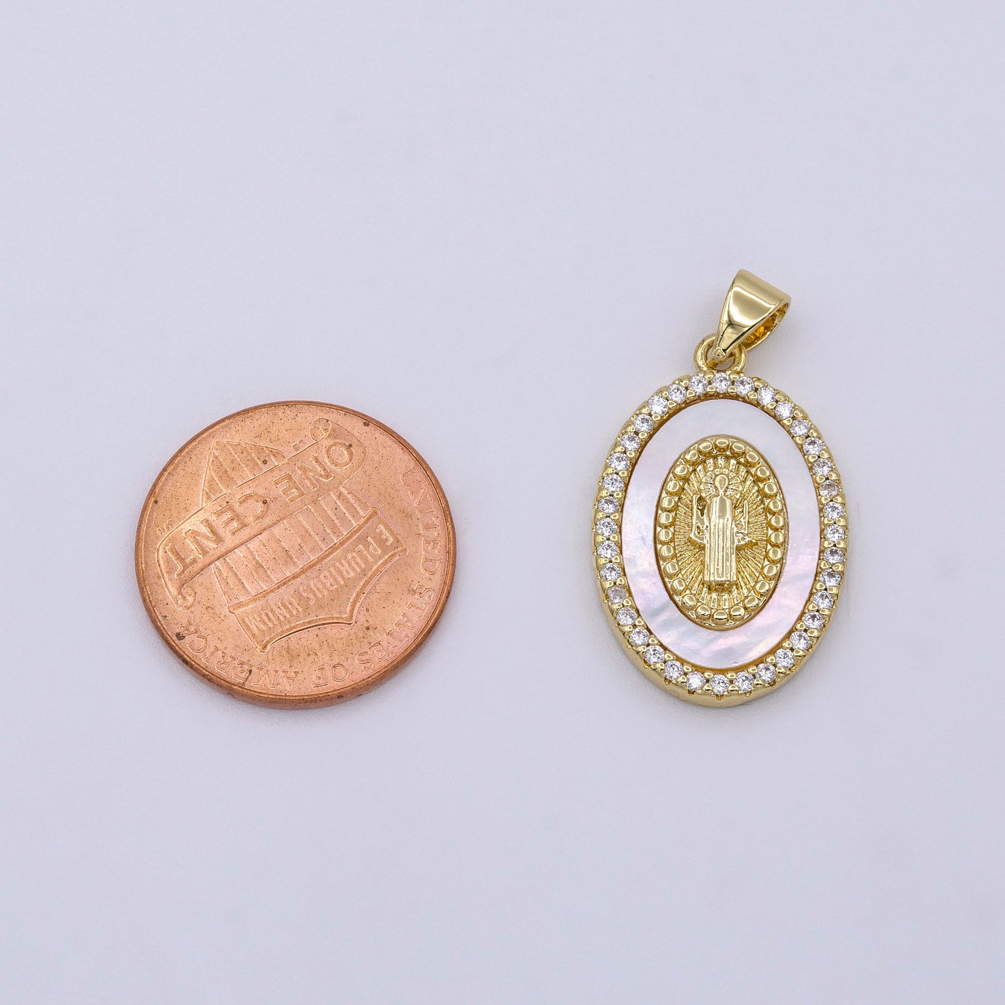 Saint Benedict Medallion Pearl Charms, 14K Gold Filled San Benito Pearl Oval Pendant w/ Micro Pave CZ Stone for Religious Jewelry AA428