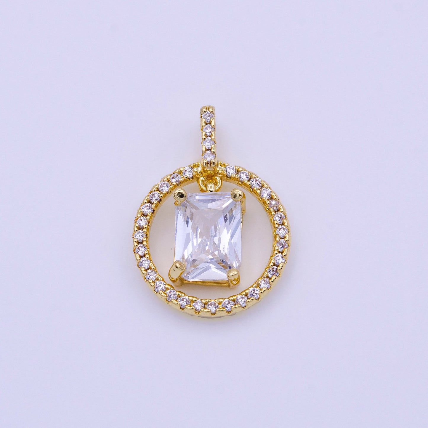 16K Gold Filled Clear, Pink, Green Baguette Dangle Open Round Micro Paved Pendant | AA420 - AA422