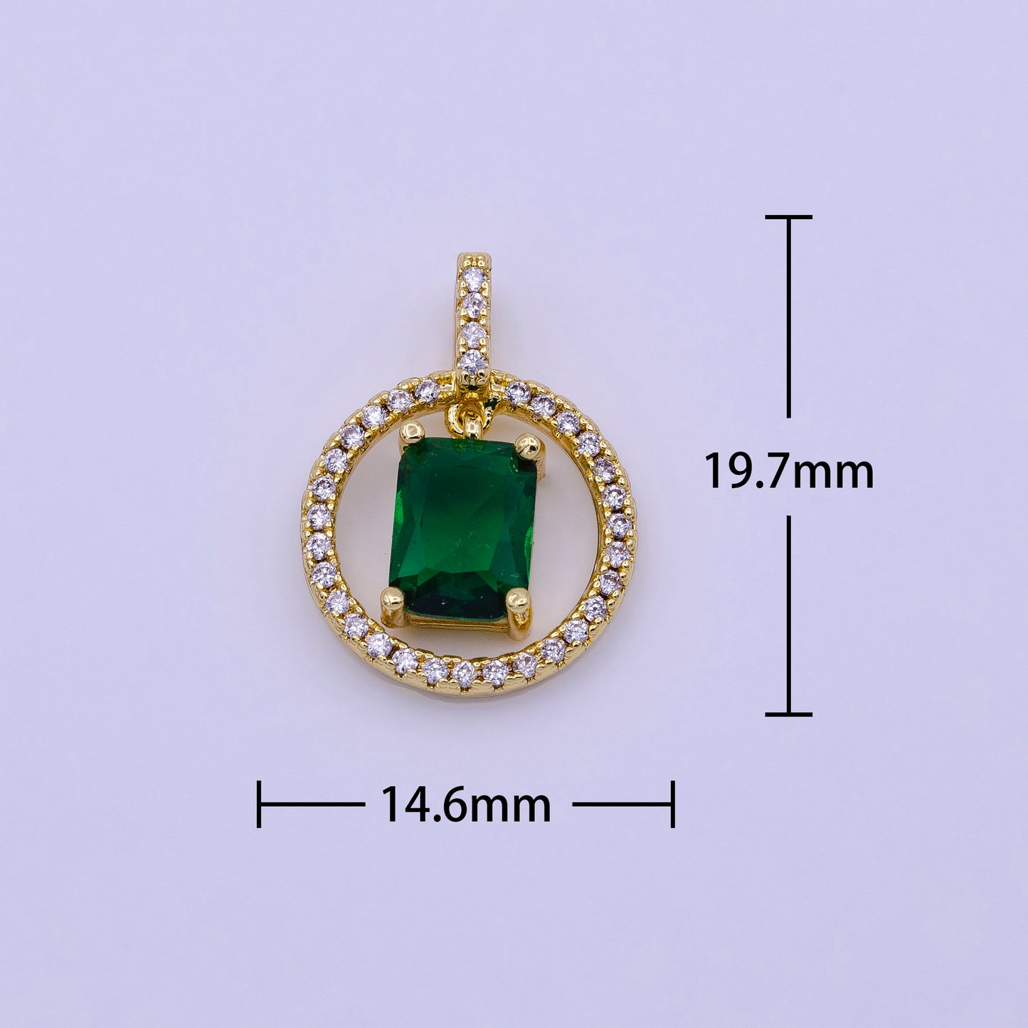 16K Gold Filled Clear, Pink, Green Baguette Dangle Open Round Micro Paved Pendant | AA420 - AA422