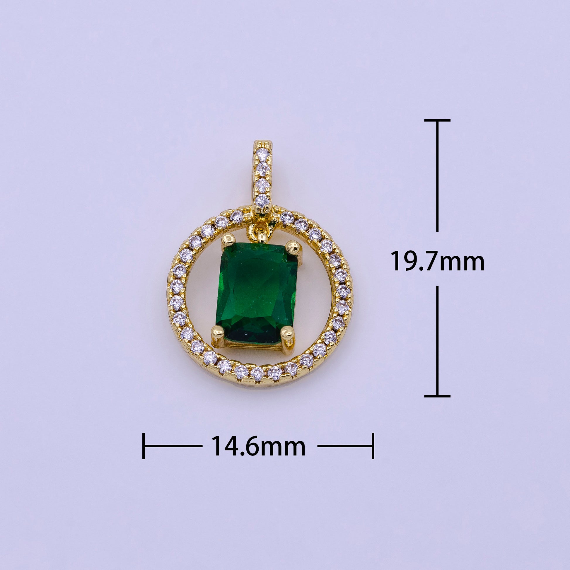 16K Gold Filled Clear, Pink, Green Baguette Dangle Open Round Micro Paved Pendant | AA420 - AA422