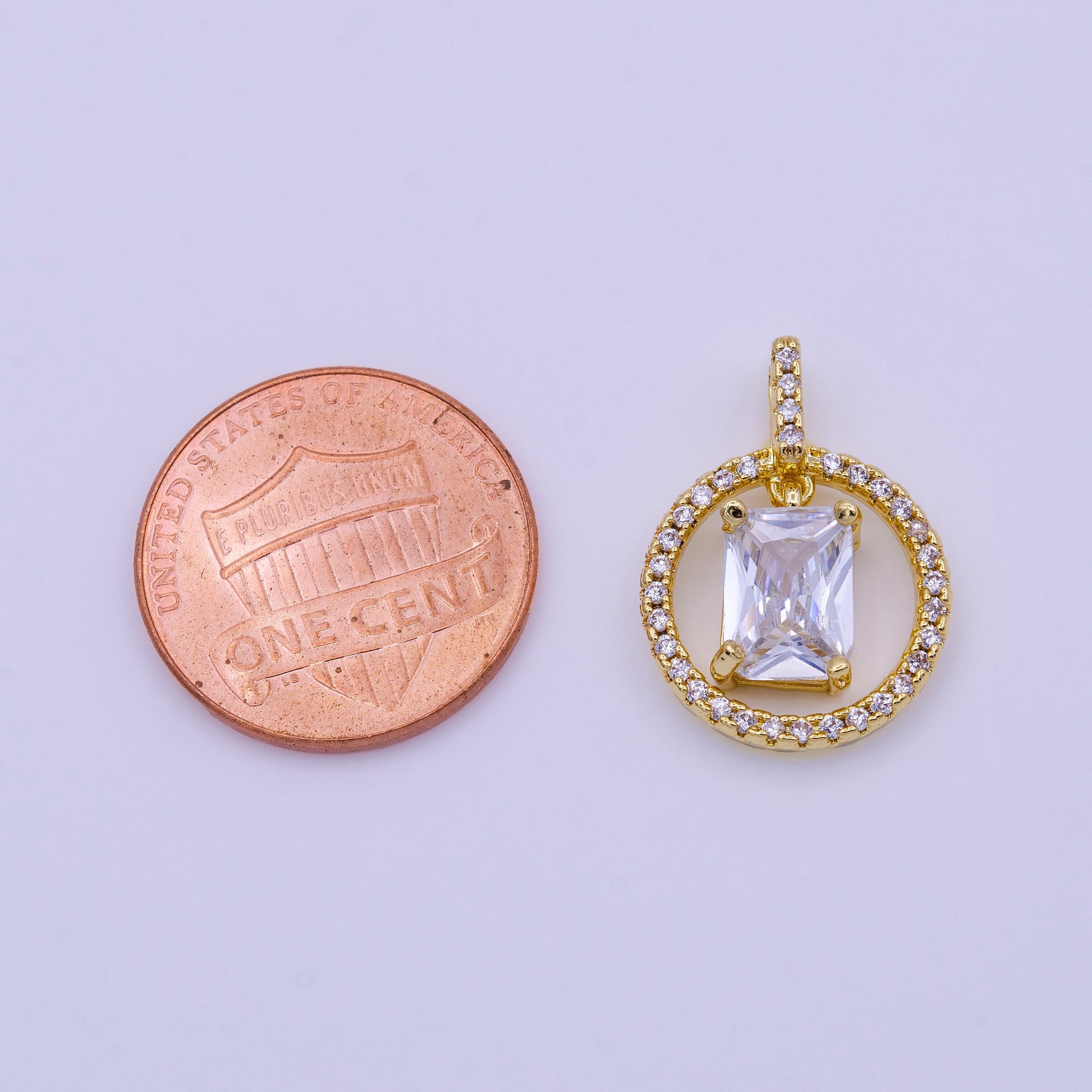 16K Gold Filled Clear, Pink, Green Baguette Dangle Open Round Micro Paved Pendant | AA420 - AA422