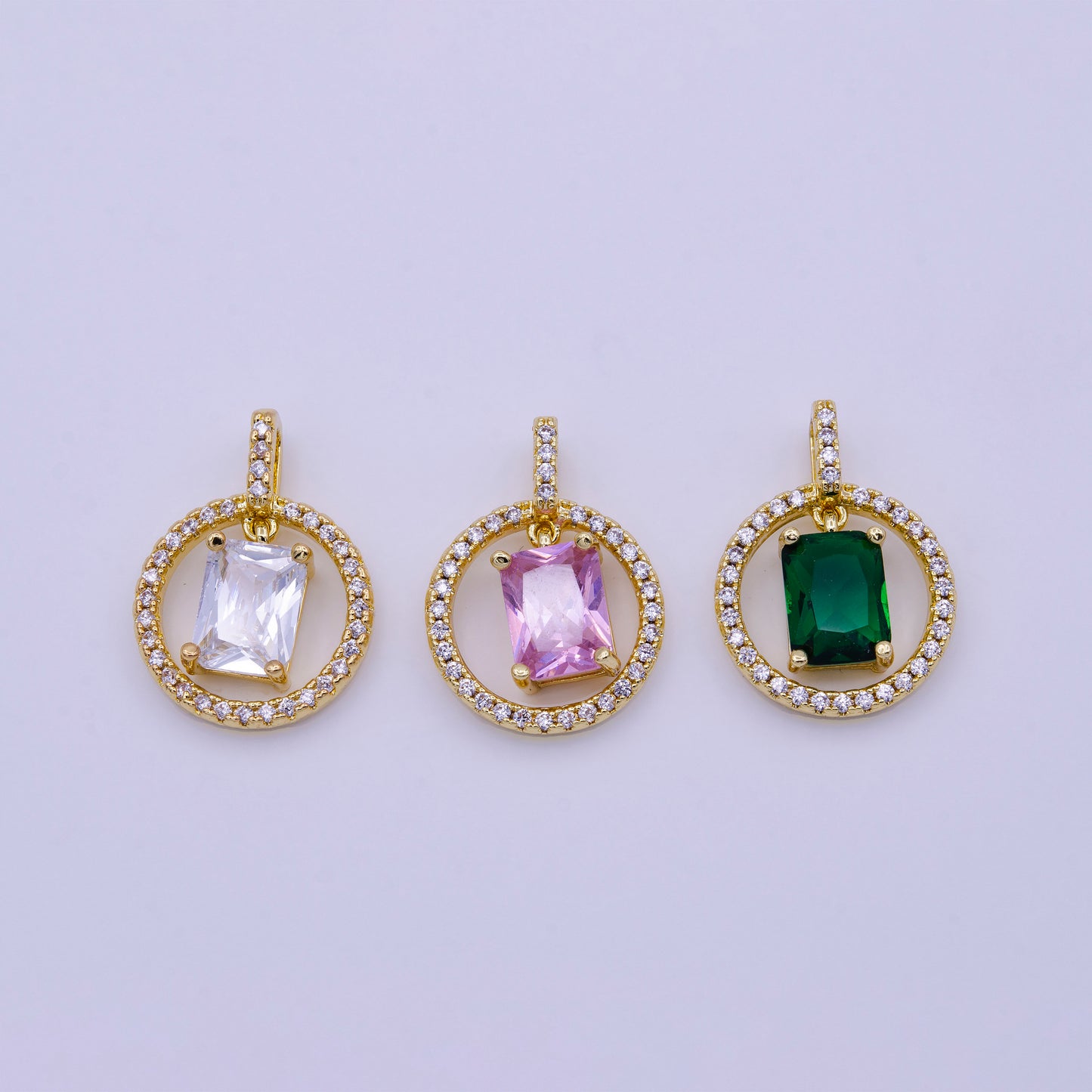 16K Gold Filled Clear, Pink, Green Baguette Dangle Open Round Micro Paved Pendant | AA420 - AA422