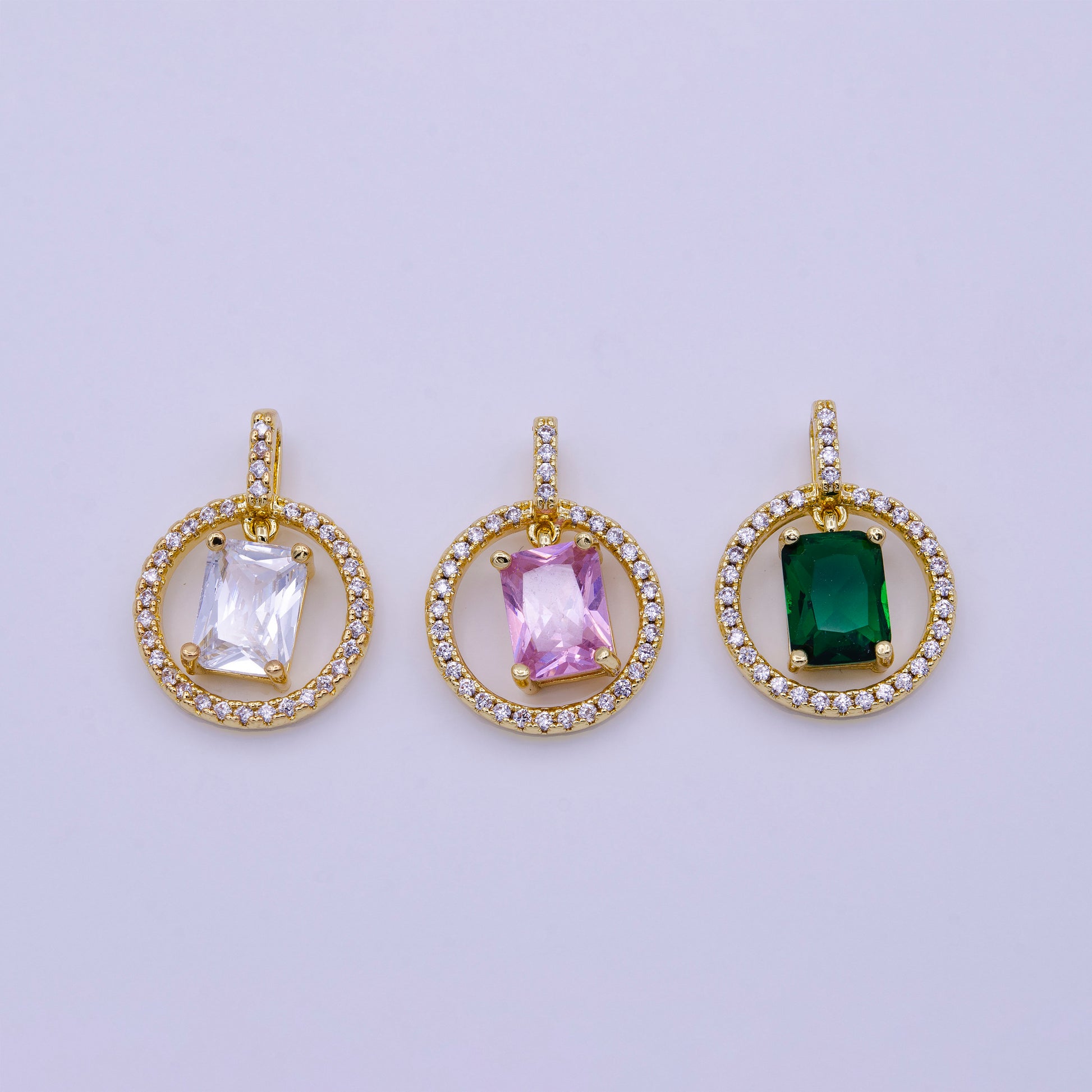 16K Gold Filled Clear, Pink, Green Baguette Dangle Open Round Micro Paved Pendant | AA420 - AA422