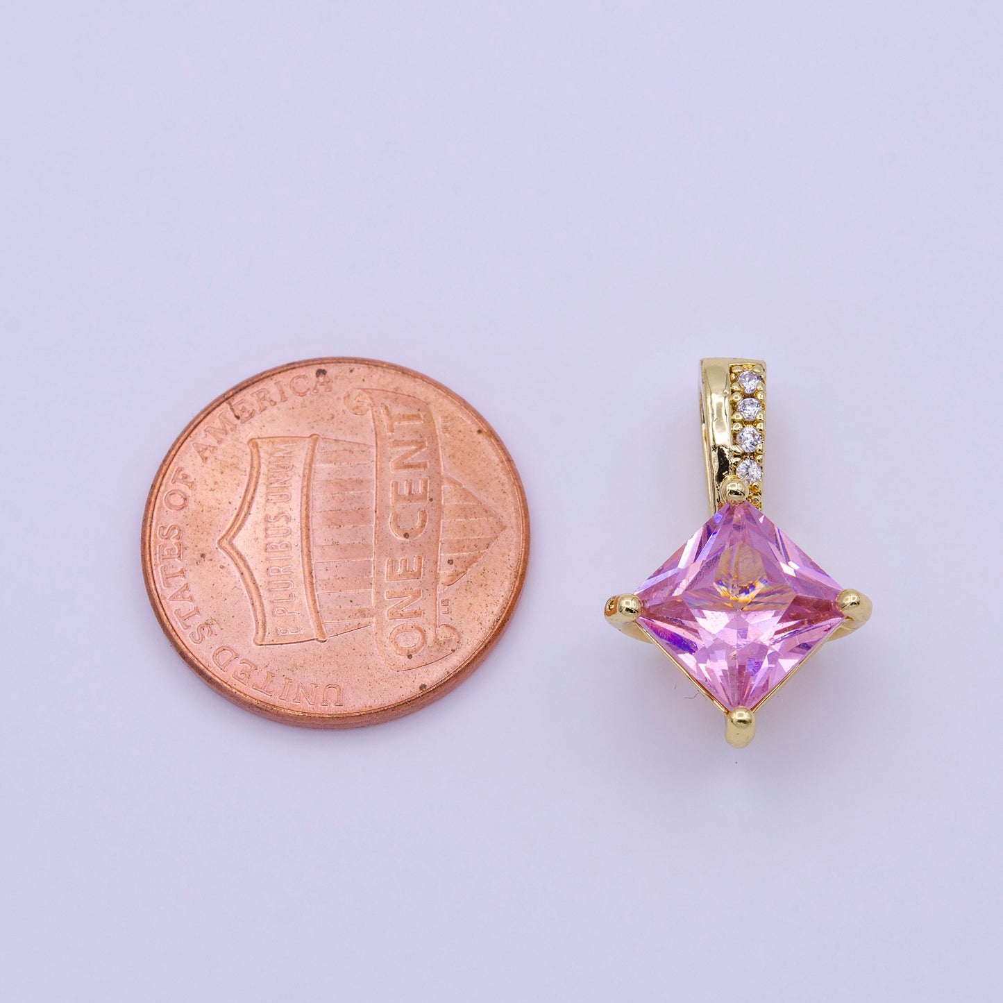 16K Gold Filled 20mm Clear, Pink, Green Rhombus CZ Micro Paved Bail Pendant for Dangle Charm Necklace Bracelet | AA417 - AA419