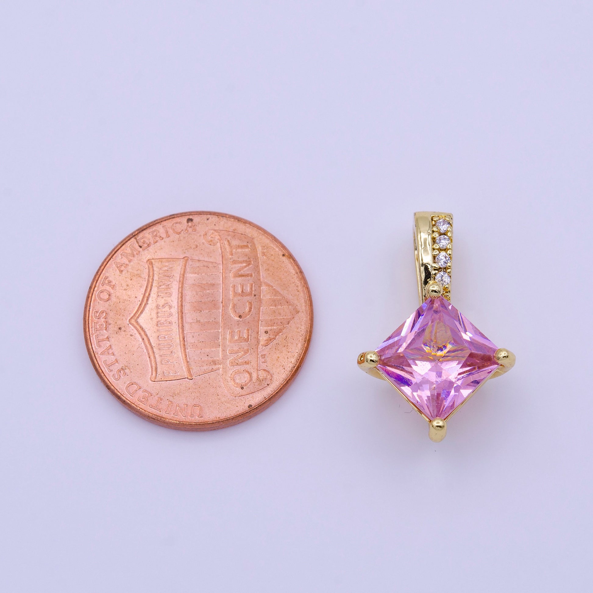 16K Gold Filled 20mm Clear, Pink, Green Rhombus CZ Micro Paved Bail Pendant for Dangle Charm Necklace Bracelet | AA417 - AA419