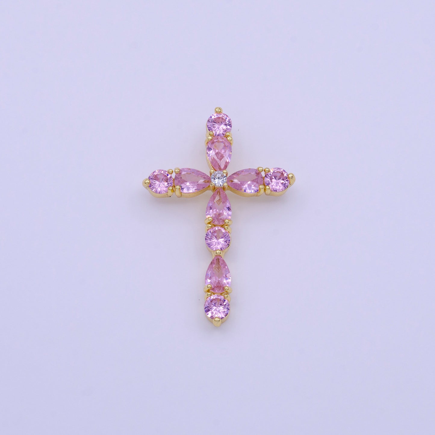 16K Gold Filled Clear, Pink Round Teardrop CZ Lined Religious Cross Pendant | AA423 AA424