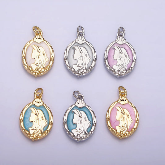 16K Gold Filled Double Sided Princess Mermaid White, Pink, Blue Sparkly Enamel Charm in Gold & Silver Cameo Charm | AC1087 - AC1092