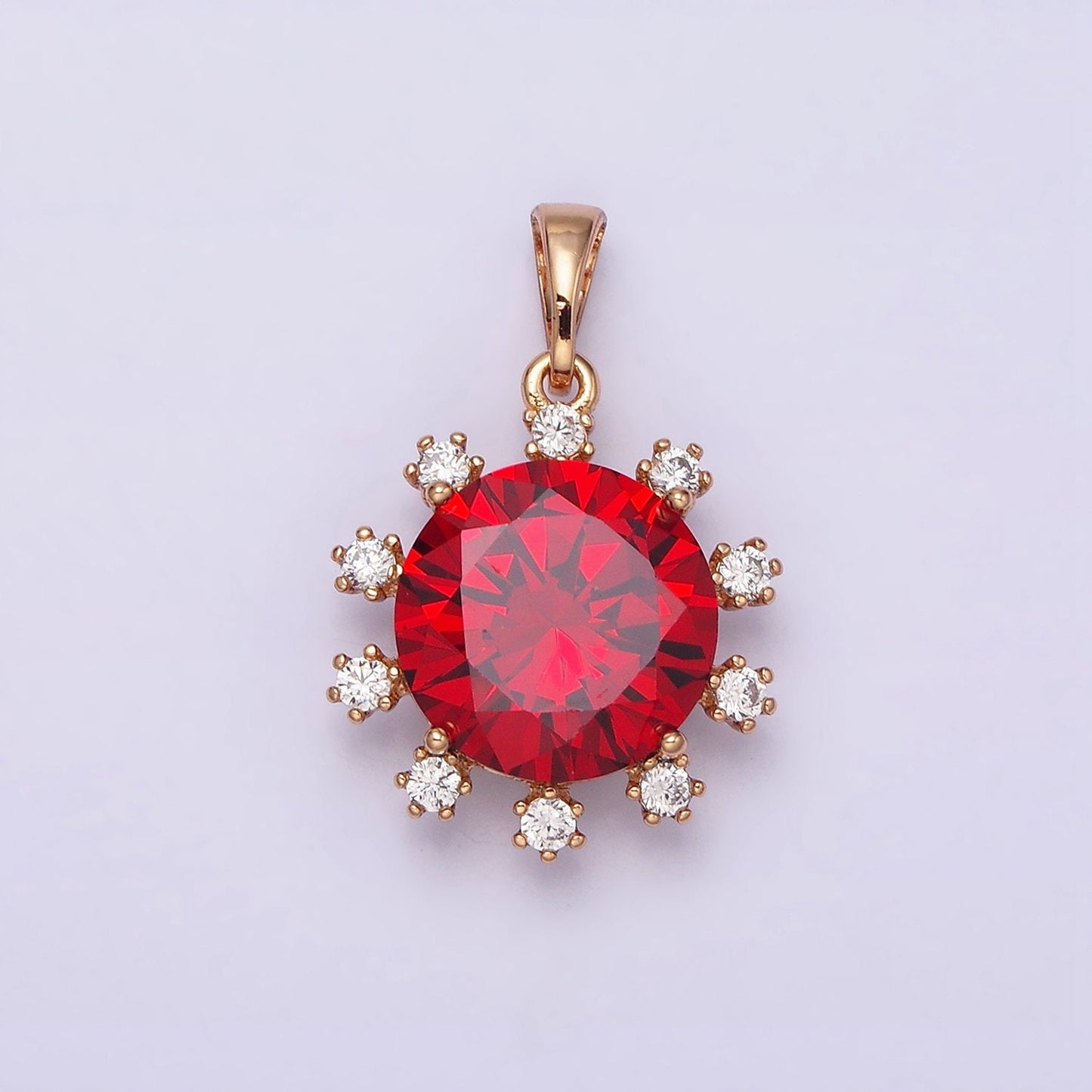 18K Gold Filled Clear, Black, Red, Pink, Purple, Green Round Cubic Zirconia Stone Colorful Birthstone CZ Pendant | AA496 - AA501
