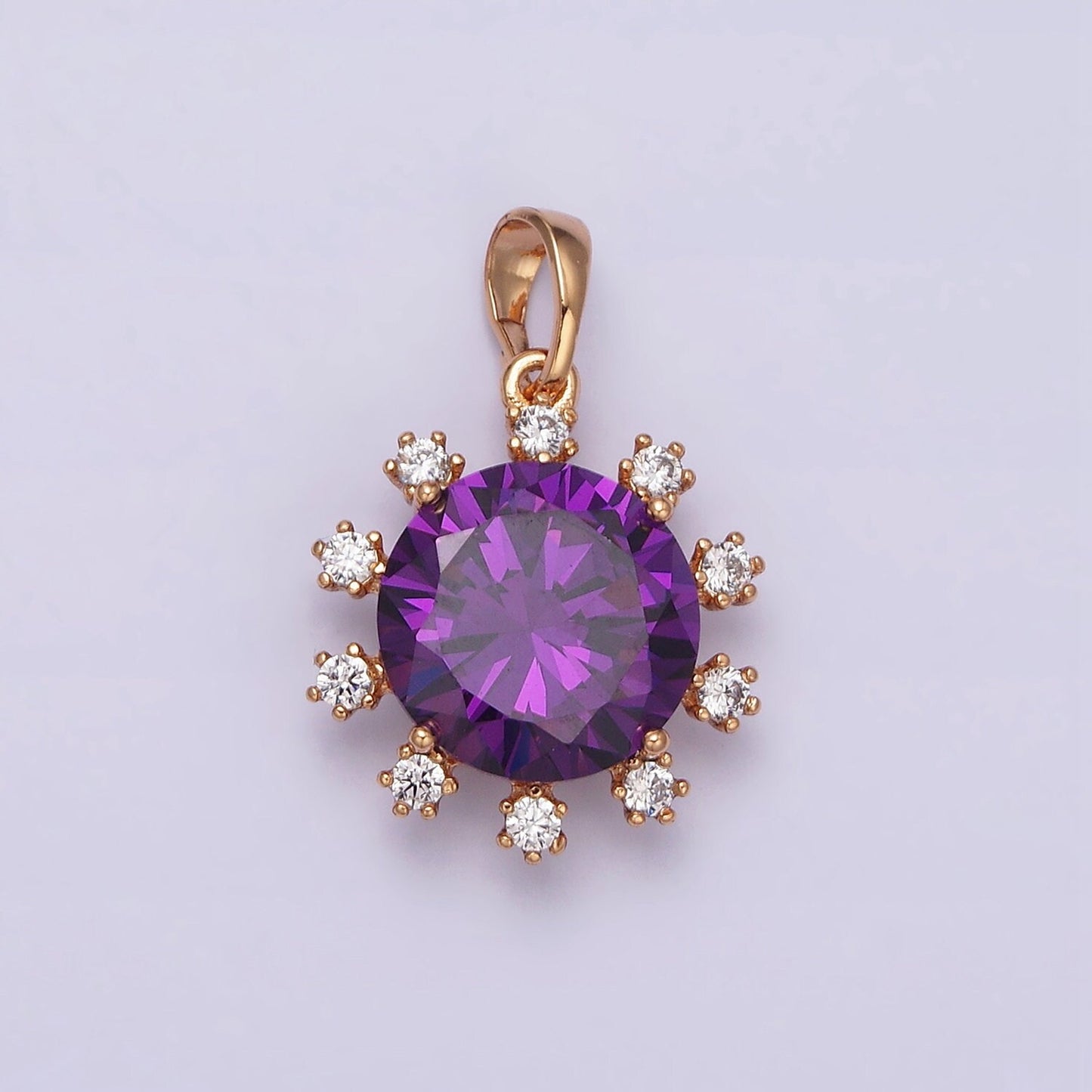 18K Gold Filled Clear, Black, Red, Pink, Purple, Green Round Cubic Zirconia Stone Colorful Birthstone CZ Pendant | AA496 - AA501