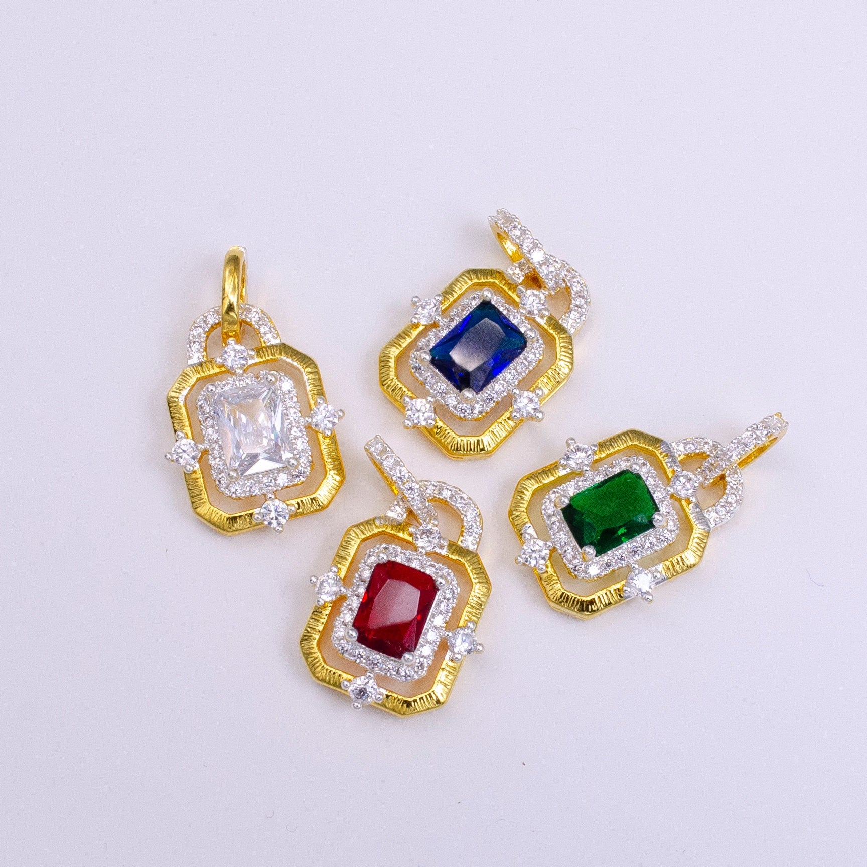 Elegant Gold CZ Crystals Square Pendant, 24K Gold Filled Red/Clear/Green Diamond Micro Paved Clear CZ Emerald Cut Stones Round Charm AA-526