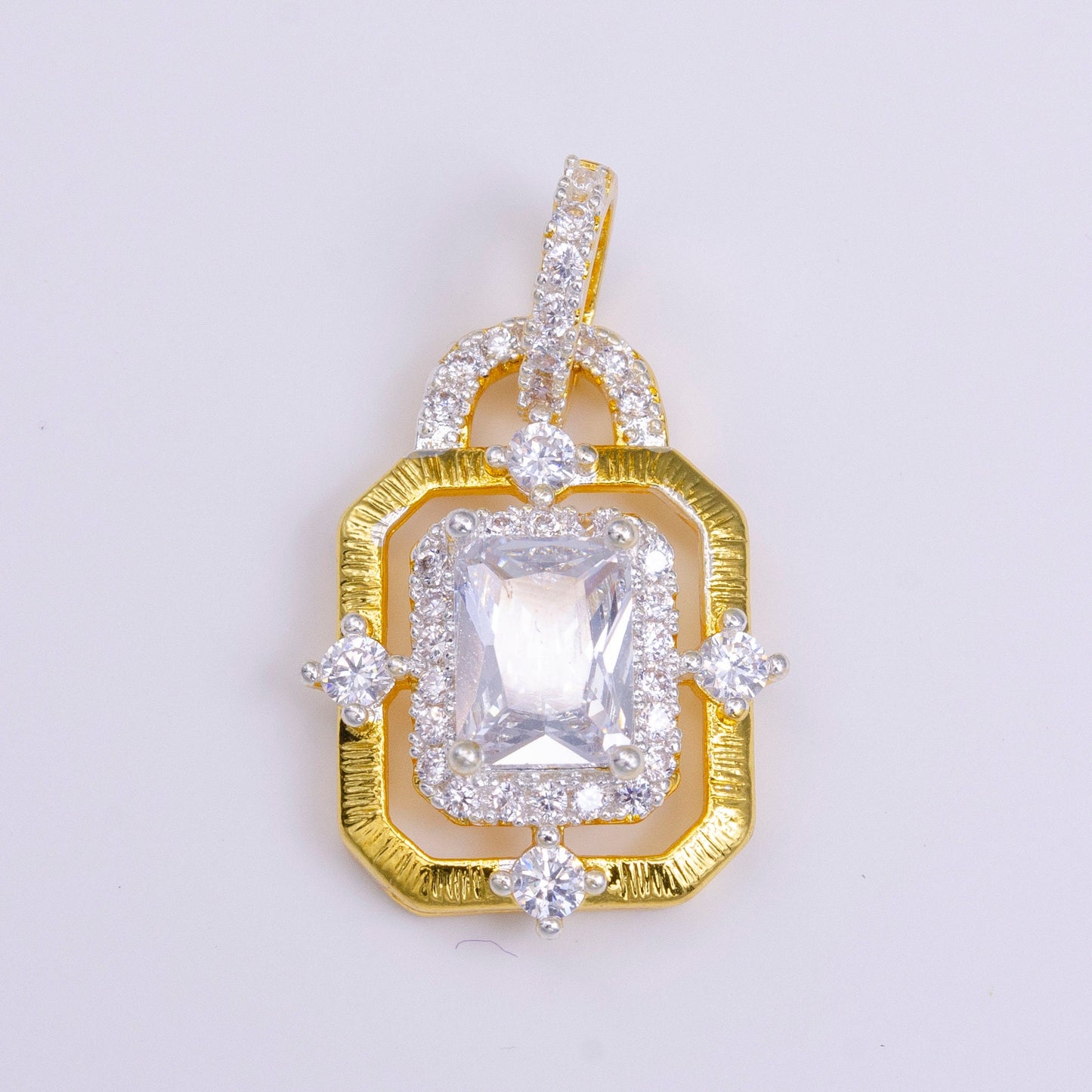 Elegant Gold CZ Crystals Square Pendant, 24K Gold Filled Red/Clear/Green Diamond Micro Paved Clear CZ Emerald Cut Stones Round Charm AA-526