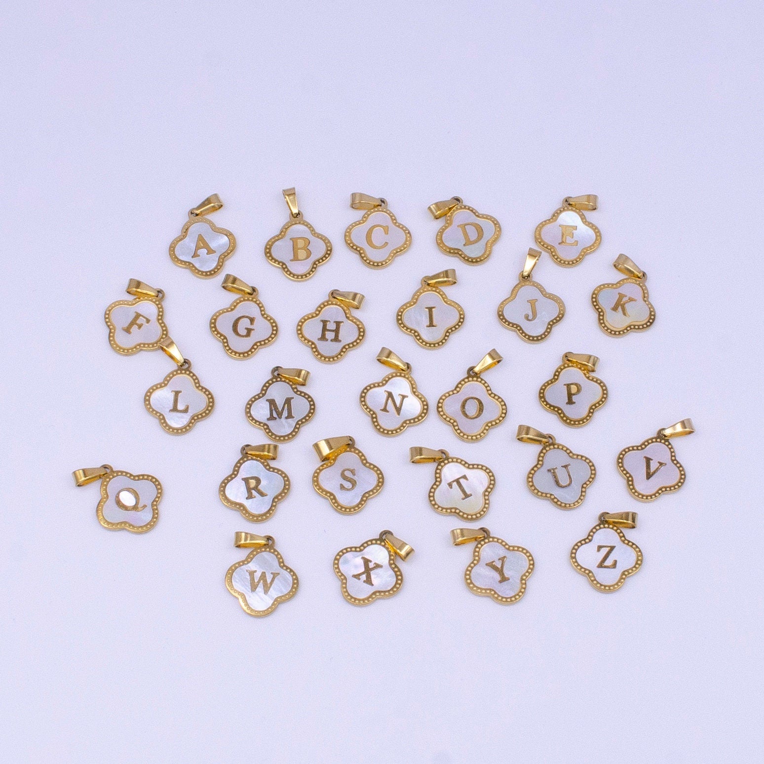 Gold Pearl Letter Charm Gold Clover Alphabet Charm Shell Letter Pendant Personalized Initial Charm Stainless Steel Tarnish Free AD677