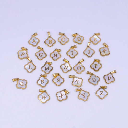 Gold Pearl Letter Charm Gold Clover Alphabet Charm Shell Letter Pendant Personalized Initial Charm Stainless Steel Tarnish Free AD677