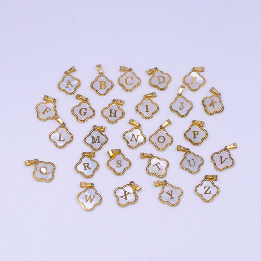 Gold Pearl Letter Charm Gold Clover Alphabet Charm Shell Letter Pendant Personalized Initial Charm Stainless Steel Tarnish Free A741