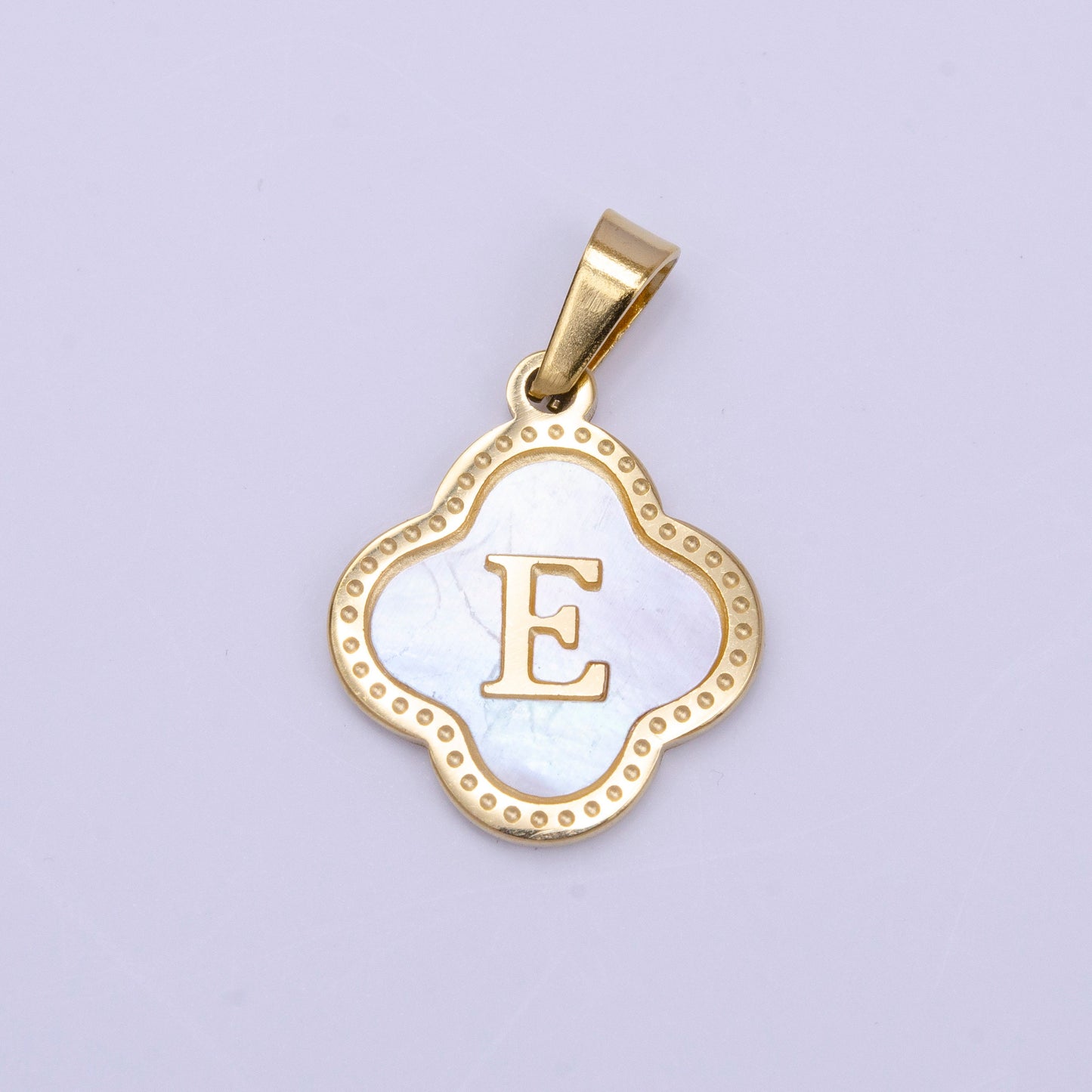 Gold Pearl Letter Charm Gold Clover Alphabet Charm Shell Letter Pendant Personalized Initial Charm Stainless Steel Tarnish Free AD677