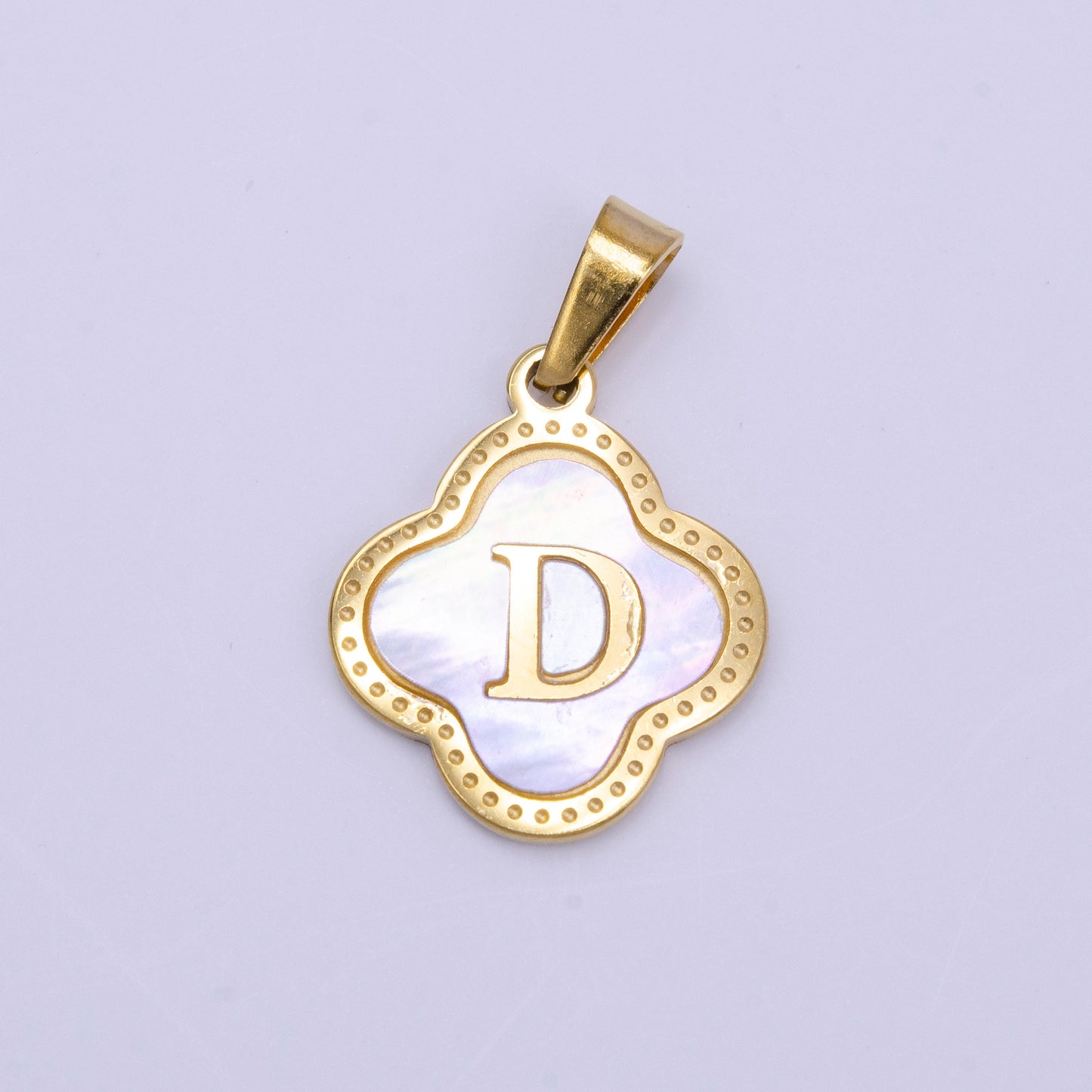 Gold Pearl Letter Charm Gold Clover Alphabet Charm Shell Letter Pendant Personalized Initial Charm Stainless Steel Tarnish Free AD677