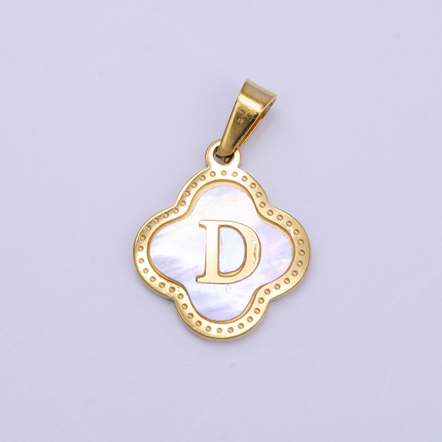 Gold Pearl Letter Charm Gold Clover Alphabet Charm Shell Letter Pendant Personalized Initial Charm Stainless Steel Tarnish Free A741