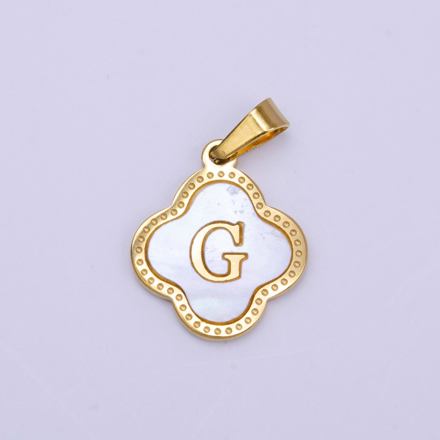 Gold Pearl Letter Charm Gold Clover Alphabet Charm Shell Letter Pendant Personalized Initial Charm Stainless Steel Tarnish Free AD677