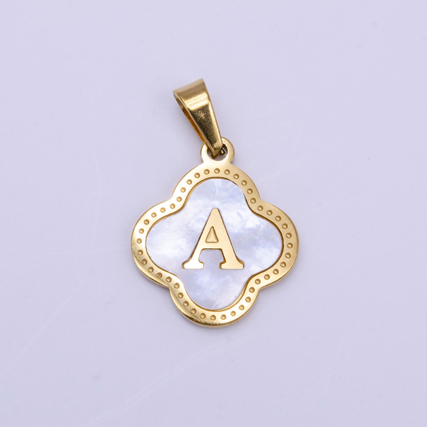 Gold Pearl Letter Charm Gold Clover Alphabet Charm Shell Letter Pendant Personalized Initial Charm Stainless Steel Tarnish Free A741