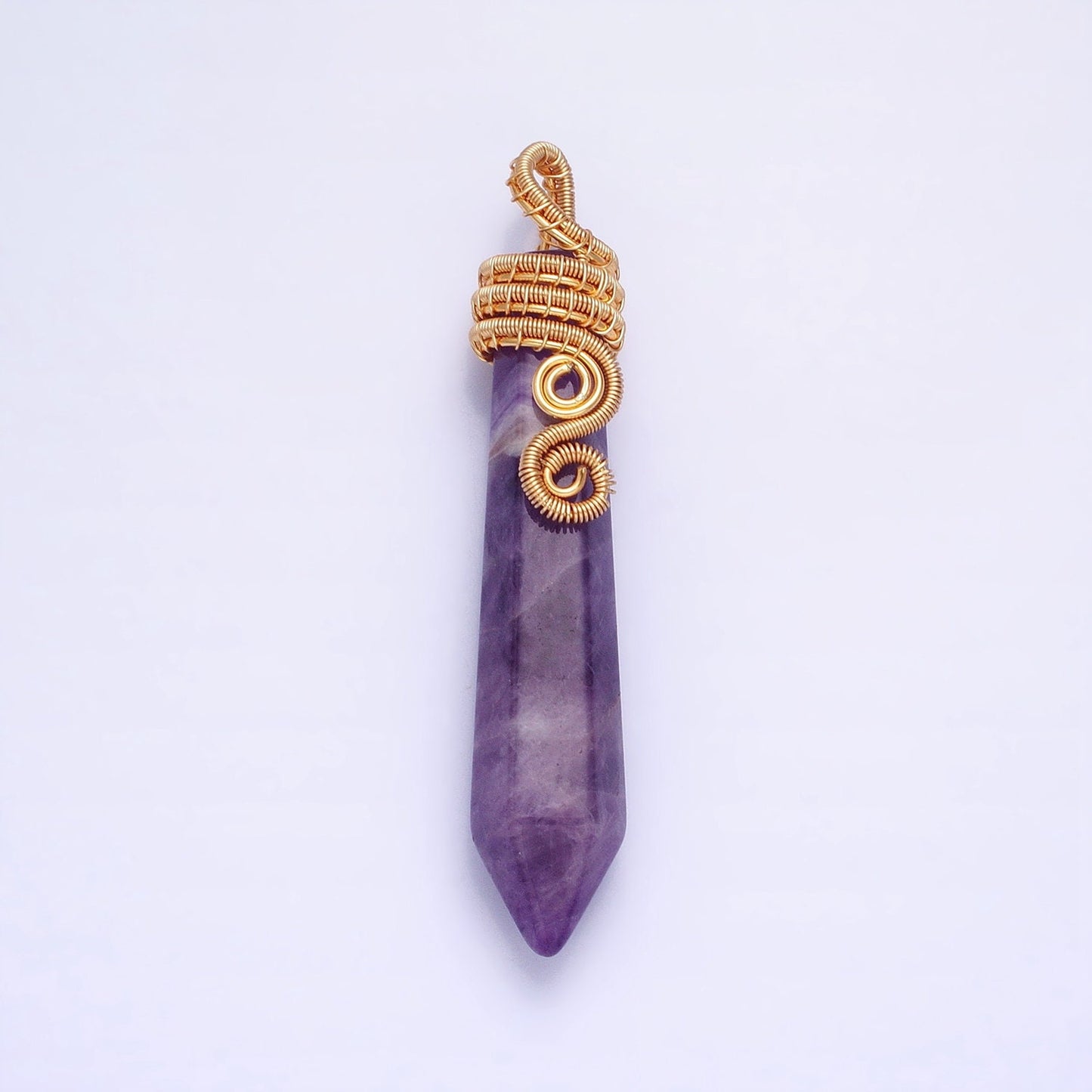 Long Amethyst Crystal Pointed Bullet Pendant - Purple Amethyst Pendulum Wrap Wire Gold Filled Charm Crystal Pendulum for Necklace Supply