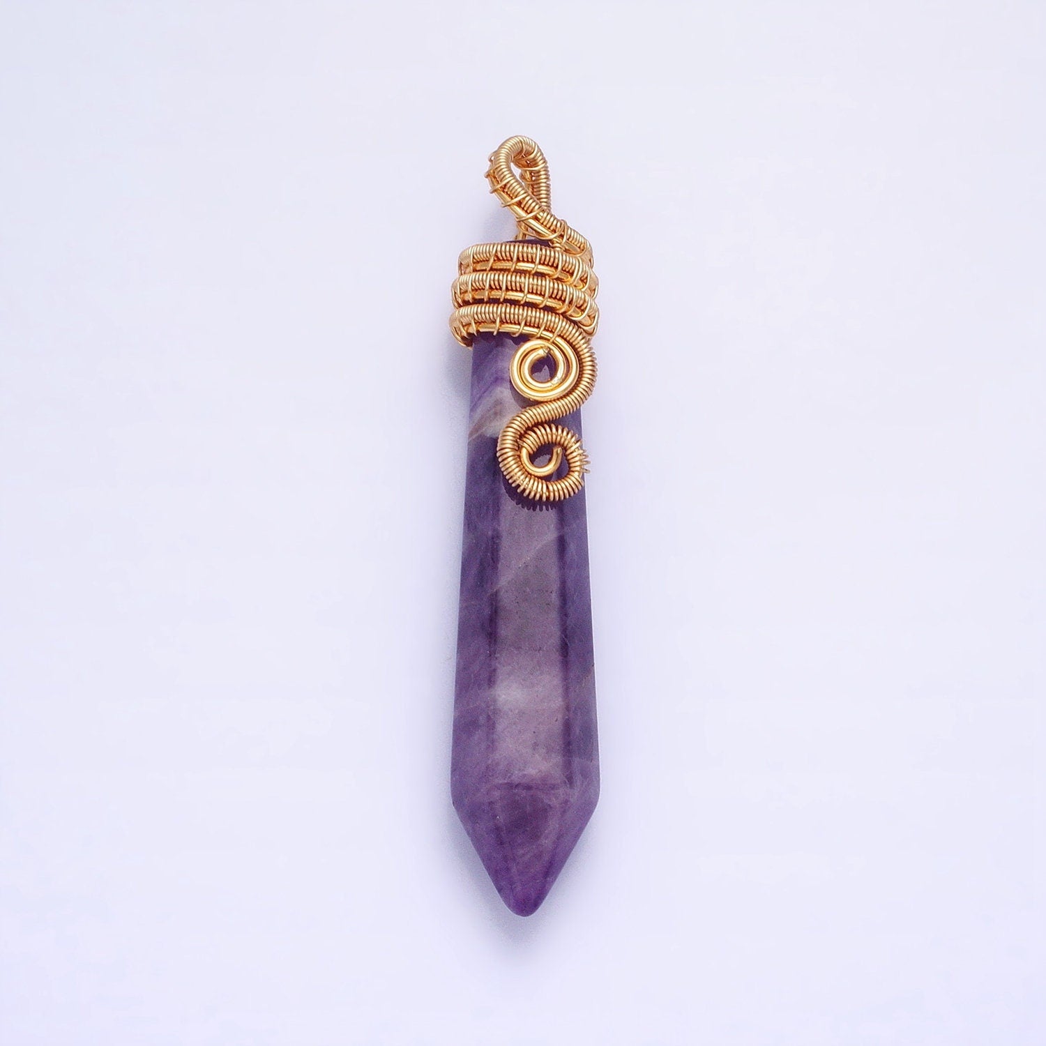 Long Amethyst Crystal Pointed Bullet Pendant - Purple Amethyst Pendulum Wrap Wire Gold Filled Charm Crystal Pendulum for Necklace Supply