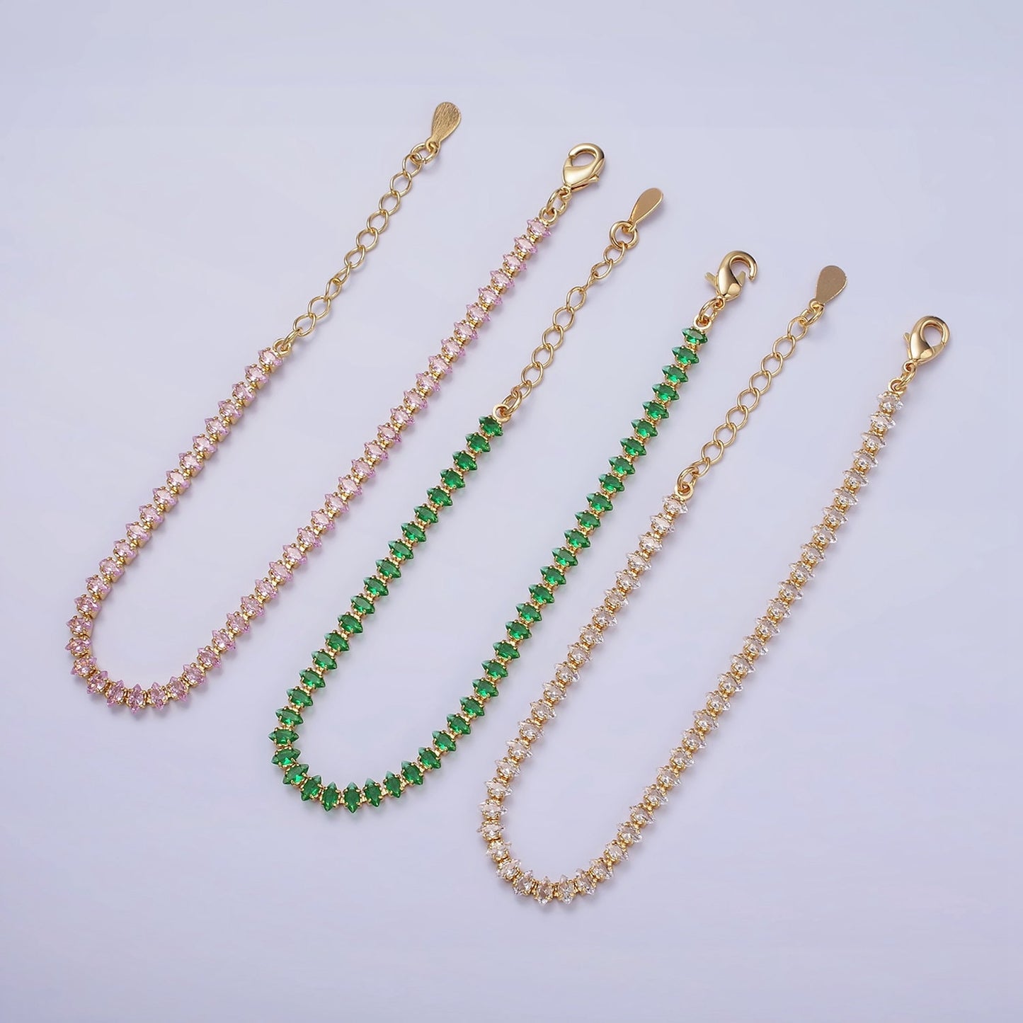 16K Gold Filled 4mm Green, Clear, Pink CZ Marquise Tennis 6.5 Inch Bracelet with Extender | WA-1788 ~ WA-1790