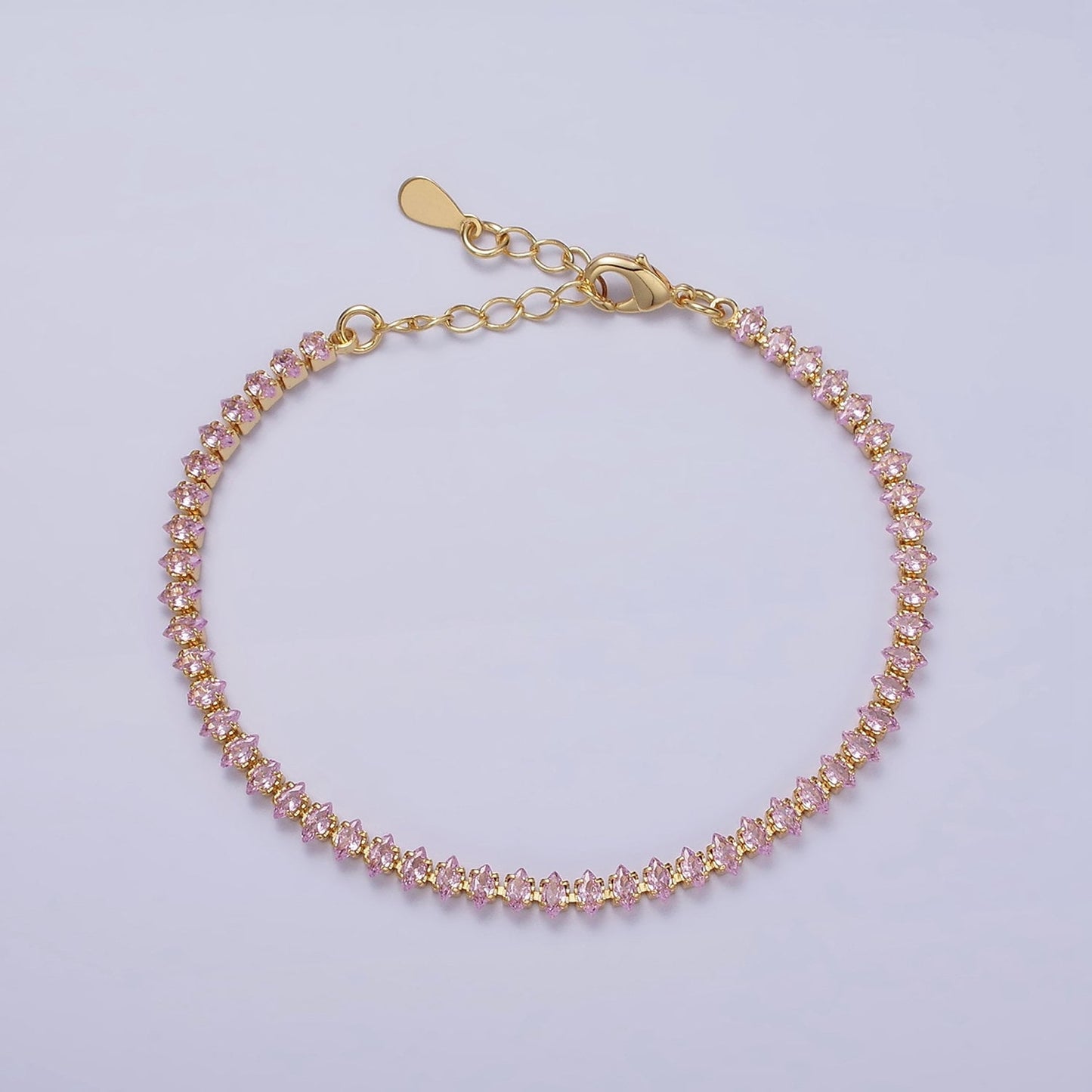 16K Gold Filled 4mm Green, Clear, Pink CZ Marquise Tennis 6.5 Inch Bracelet with Extender | WA-1788 ~ WA-1790