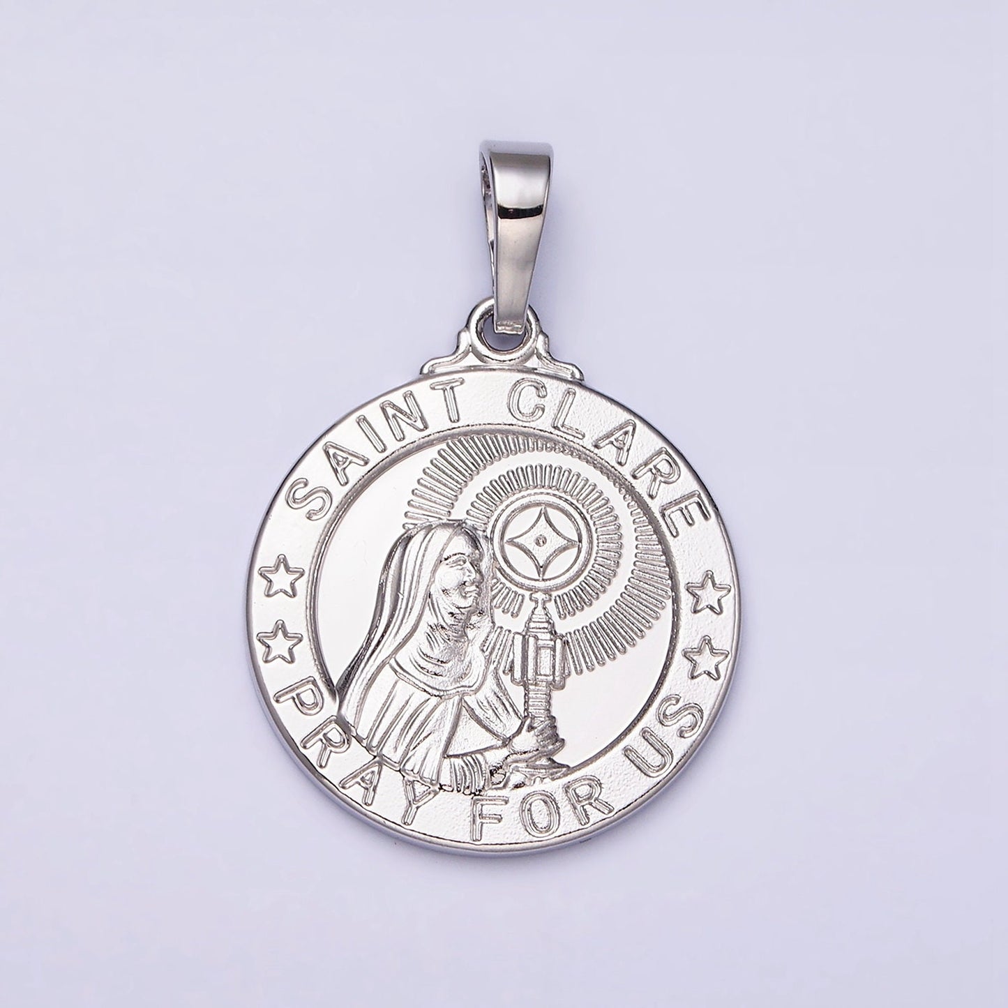 Round White Gold Filled Saint Clare Round Religious Medallion Pendant Pray for Us Religious necklace Charm AA-519