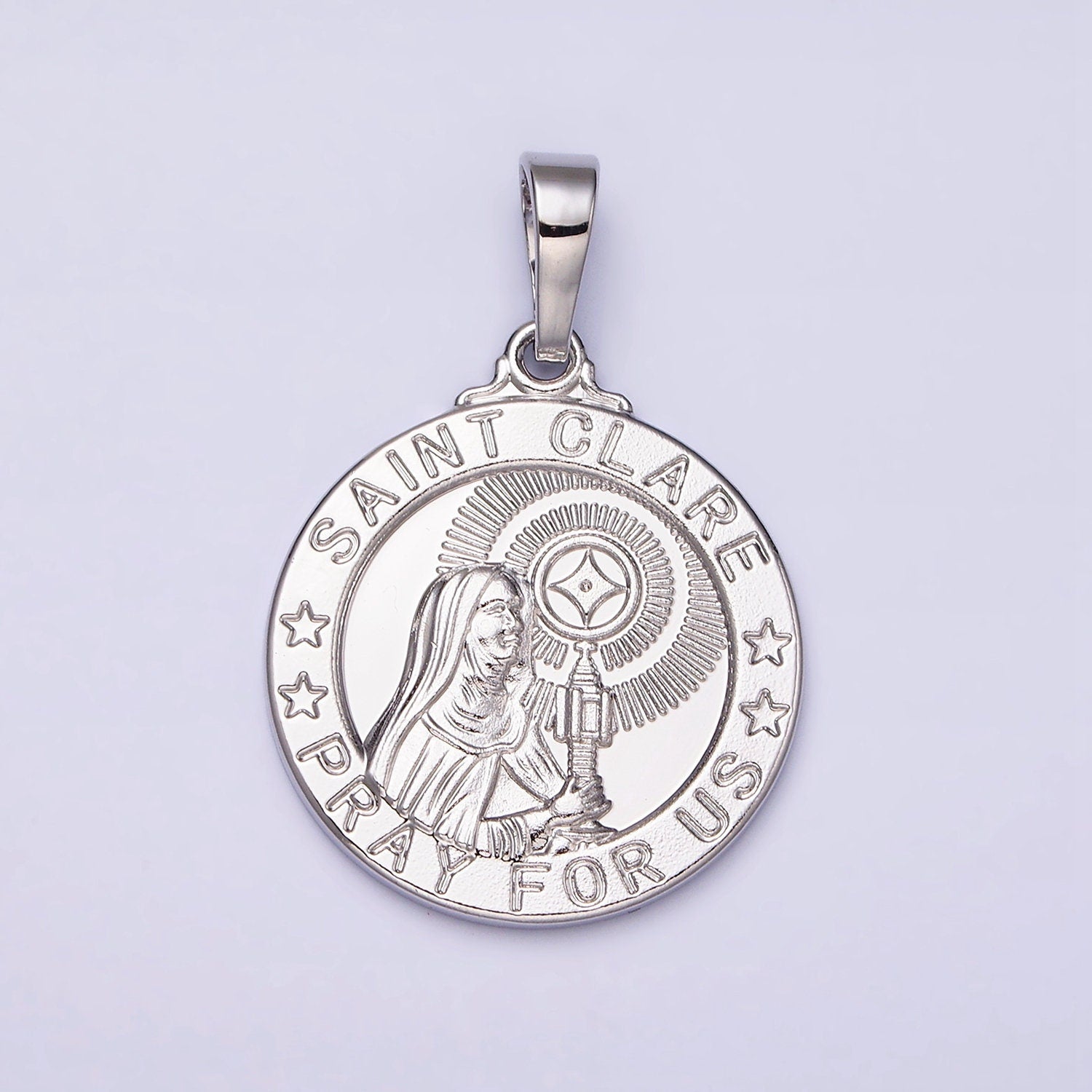 Round White Gold Filled Saint Clare Round Religious Medallion Pendant Pray for Us Religious necklace Charm AA-519