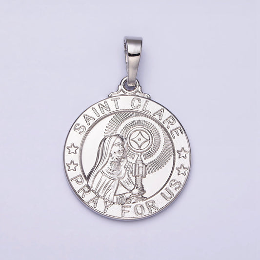 Round White Gold Filled Saint Clare Round Religious Medallion Pendant Pray for Us Religious necklace Charm AA-519