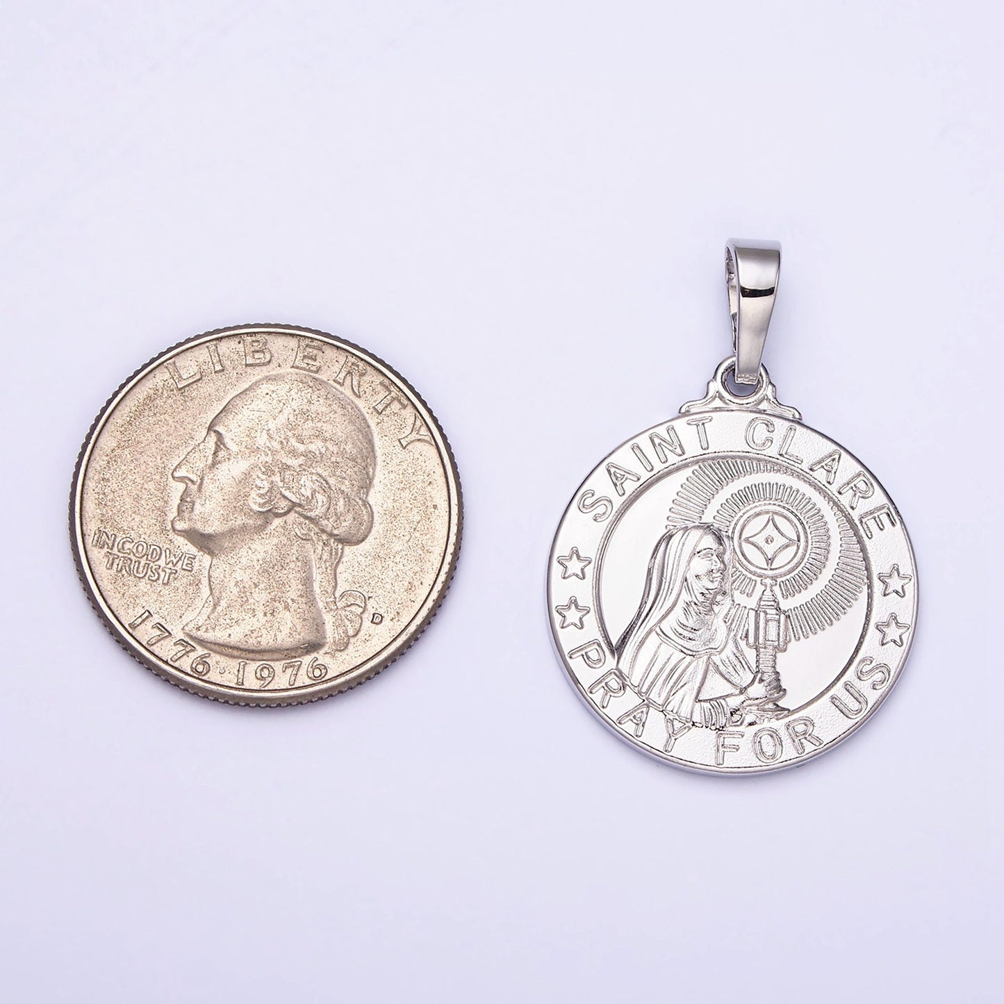 Round White Gold Filled Saint Clare Round Religious Medallion Pendant Pray for Us Religious necklace Charm AA-519