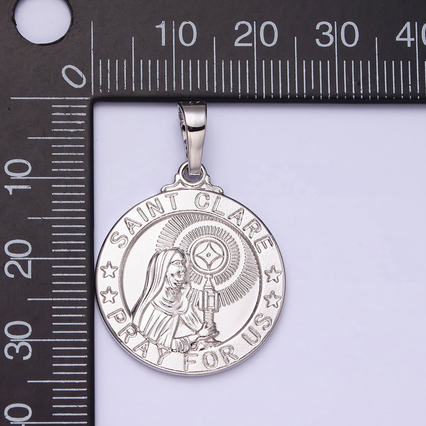 Round White Gold Filled Saint Clare Round Religious Medallion Pendant Pray for Us Religious necklace Charm AA-519
