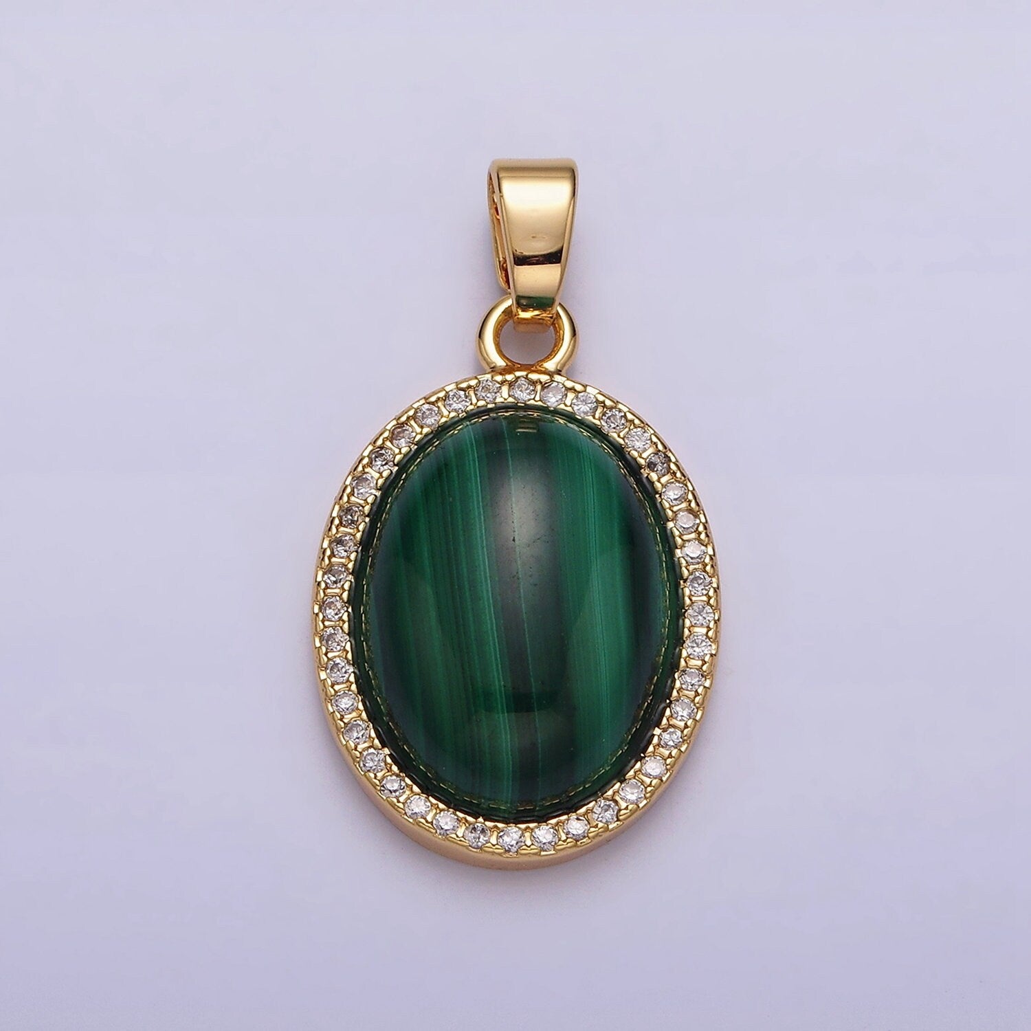 Green Malachite Oval Cabochon Charm 16K Gold Filled Oval Pendant with Micro Pave Cz Bezel AA436