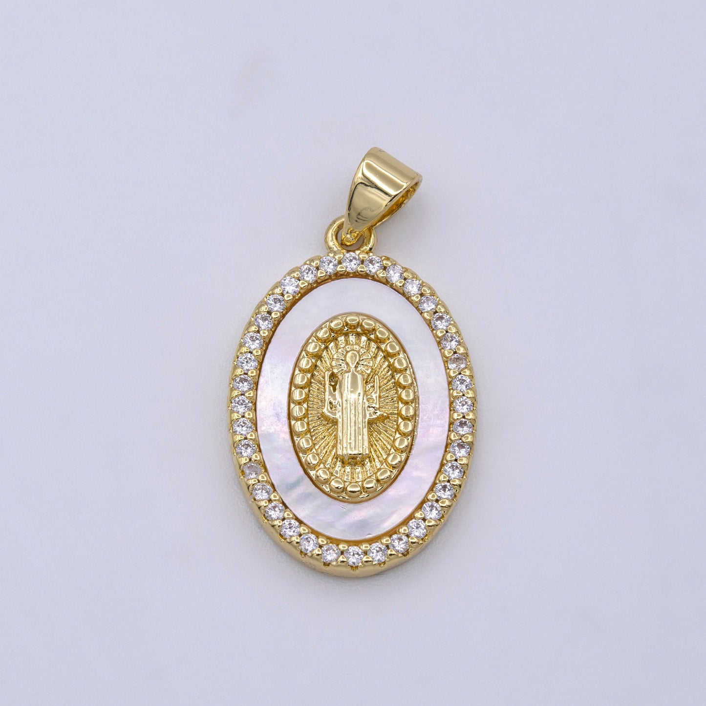 Saint Benedict Medallion Pearl Charms, 14K Gold Filled San Benito Pearl Oval Pendant w/ Micro Pave CZ Stone for Religious Jewelry AA428