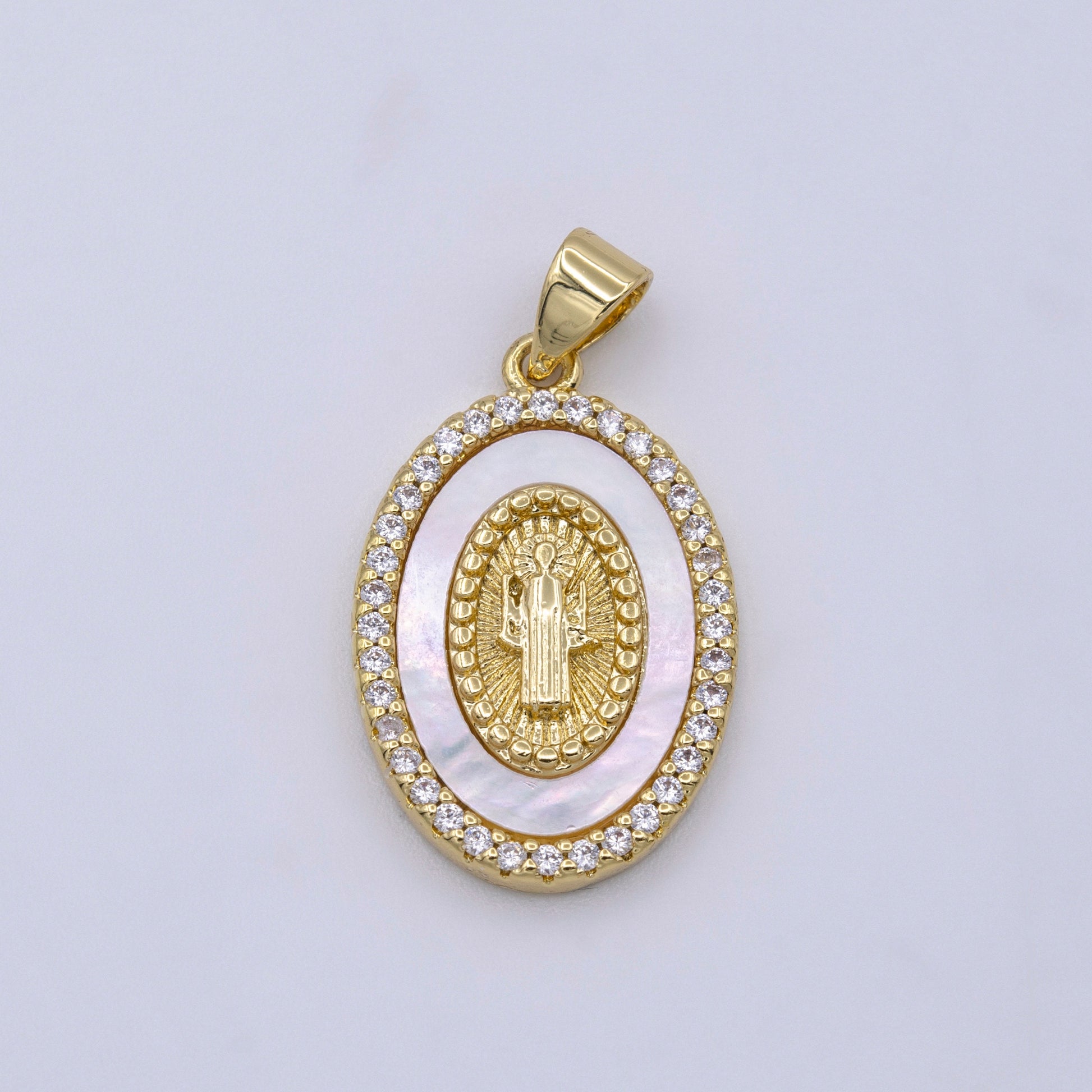 Saint Benedict Medallion Pearl Charms, 14K Gold Filled San Benito Pearl Oval Pendant w/ Micro Pave CZ Stone for Religious Jewelry AA428