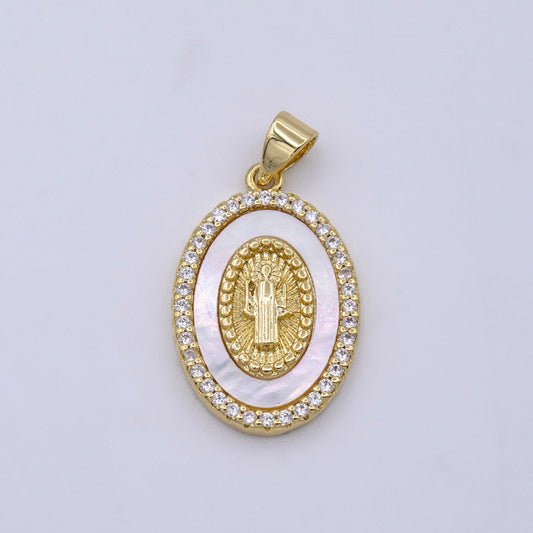 Saint Benedict Medallion Pearl Charms, 14K Gold Filled San Benito Pearl Oval Pendant w/ Micro Pave CZ Stone for Religious Jewelry AA428
