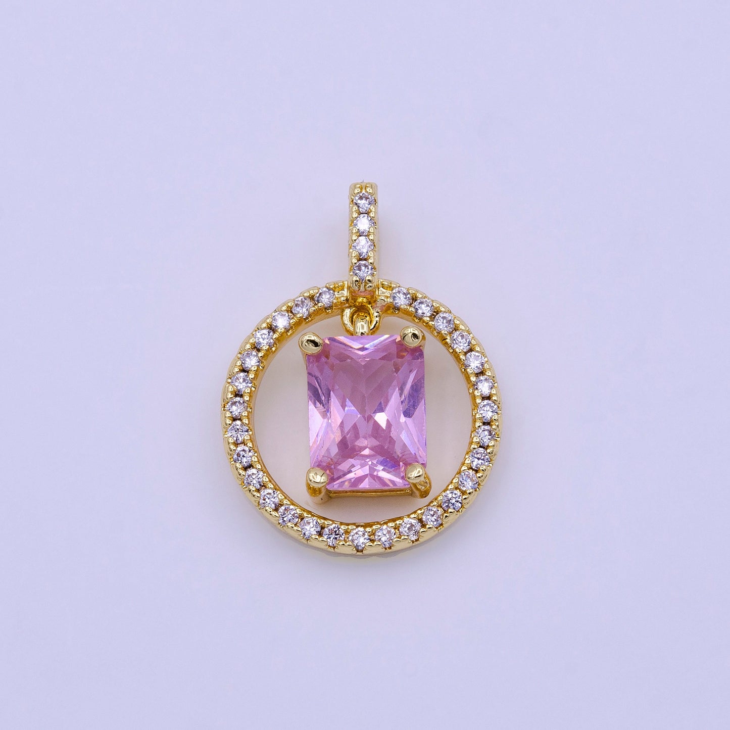 16K Gold Filled Clear, Pink, Green Baguette Dangle Open Round Micro Paved Pendant | AA420 - AA422