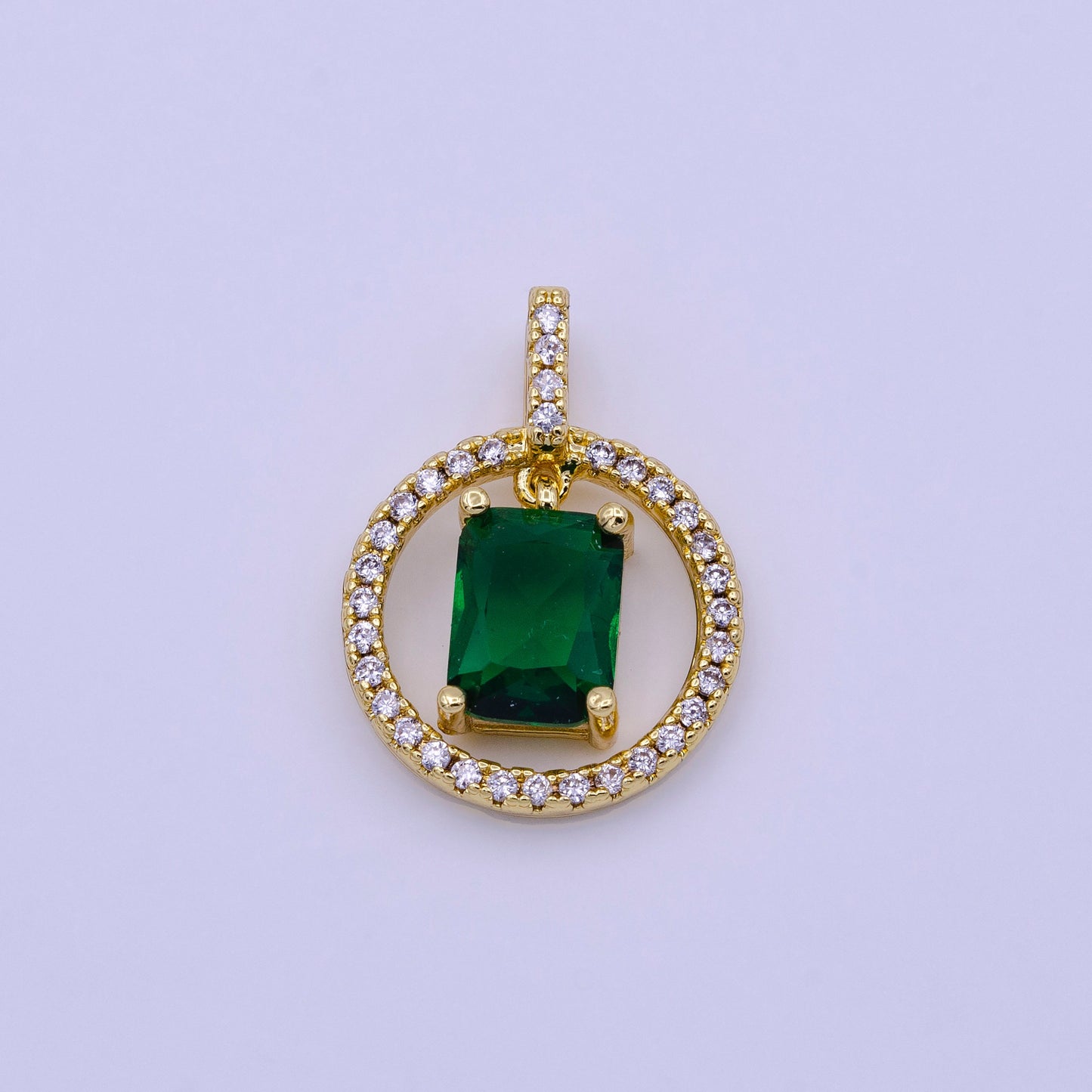 16K Gold Filled Clear, Pink, Green Baguette Dangle Open Round Micro Paved Pendant | AA420 - AA422