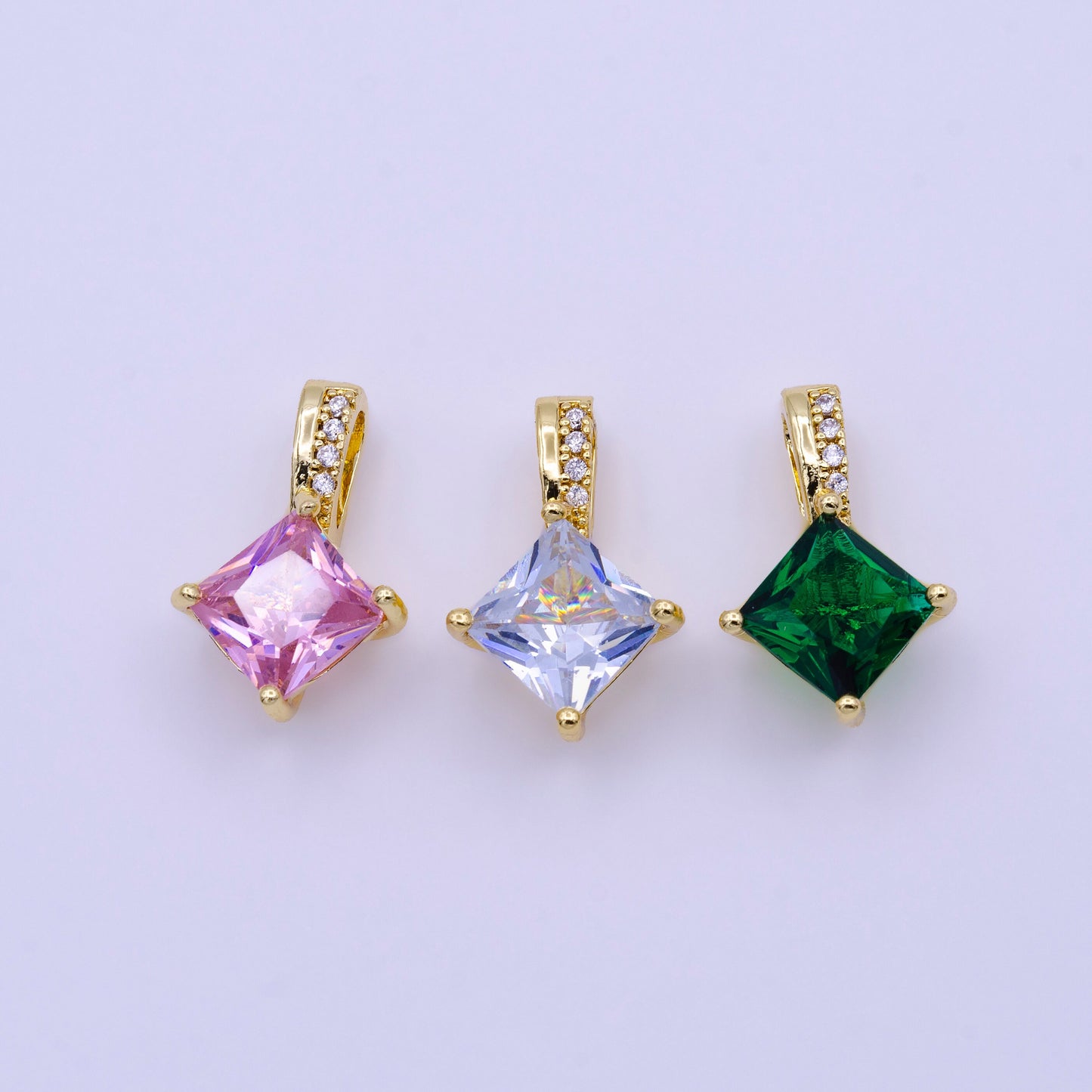16K Gold Filled 20mm Clear, Pink, Green Rhombus CZ Micro Paved Bail Pendant for Dangle Charm Necklace Bracelet | AA417 - AA419
