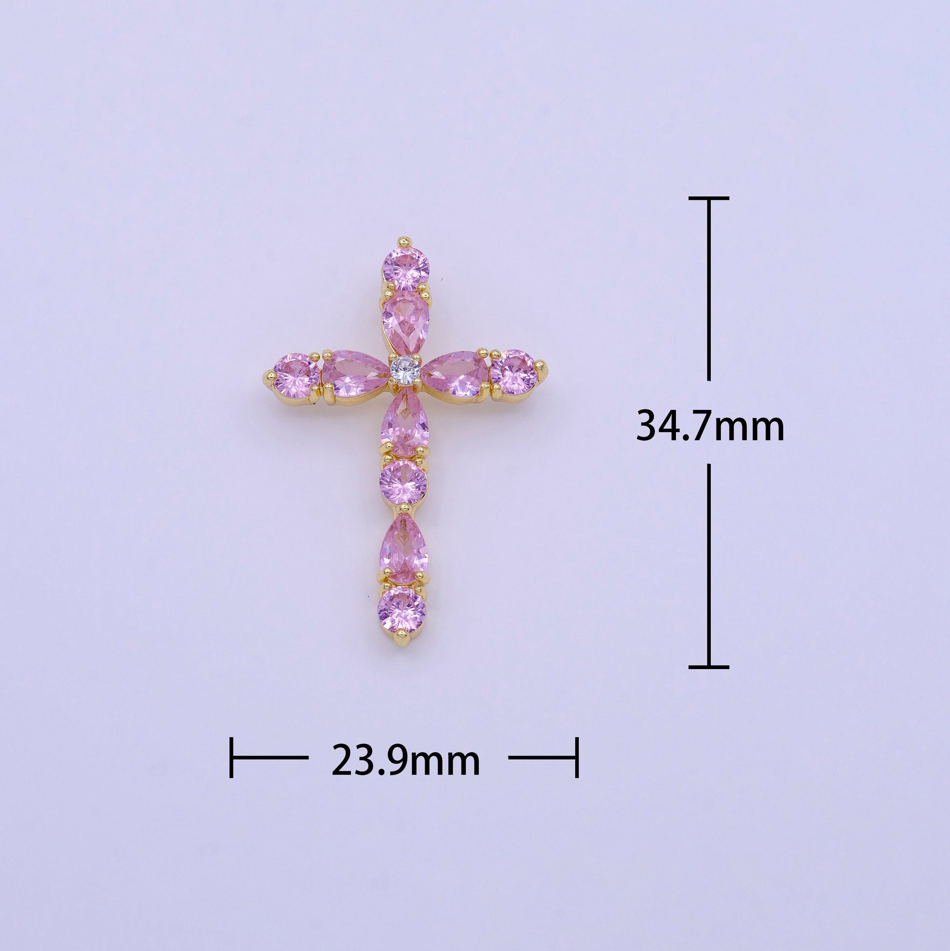 16K Gold Filled Clear, Pink Round Teardrop CZ Lined Religious Cross Pendant | AA423 AA424