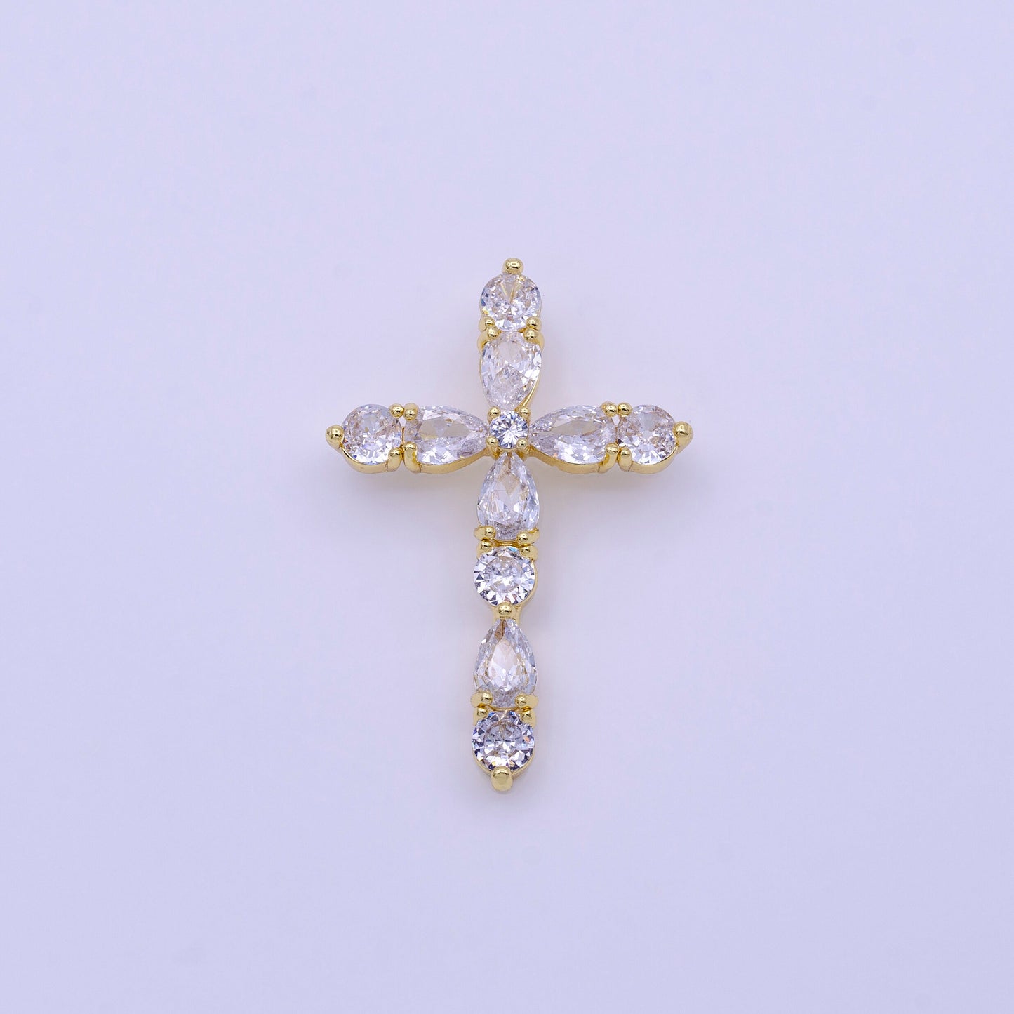16K Gold Filled Clear, Pink Round Teardrop CZ Lined Religious Cross Pendant | AA423 AA424