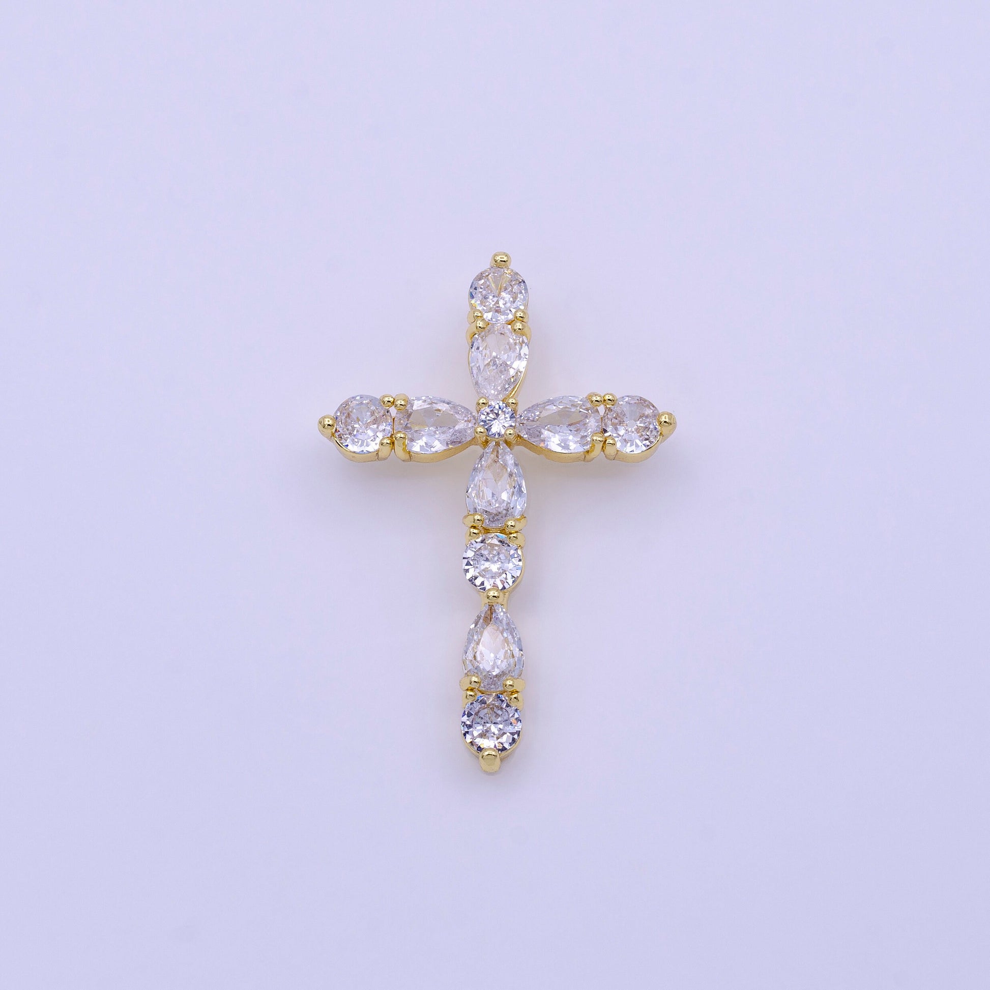 16K Gold Filled Clear, Pink Round Teardrop CZ Lined Religious Cross Pendant | AA423 AA424