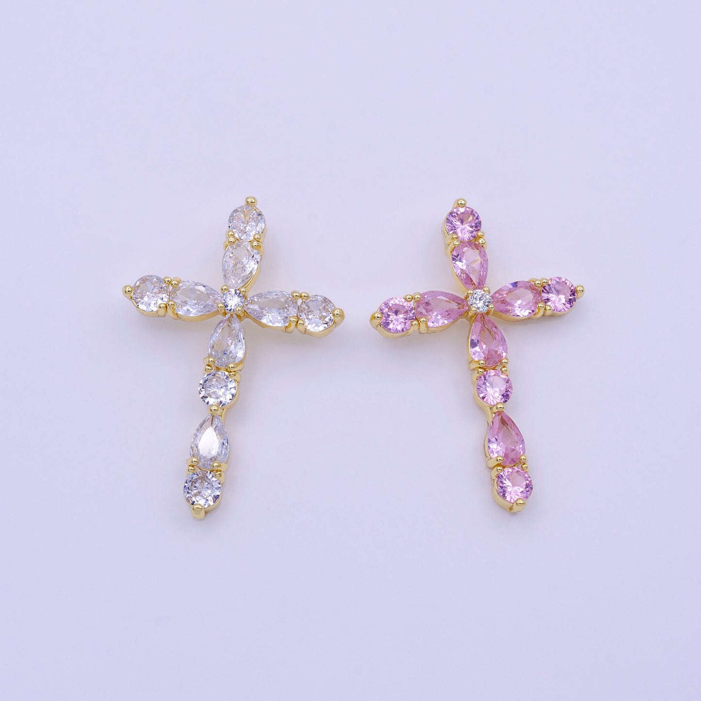 16K Gold Filled Clear, Pink Round Teardrop CZ Lined Religious Cross Pendant | AA423 AA424