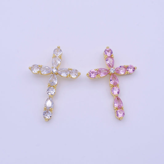 16K Gold Filled Clear, Pink Round Teardrop CZ Lined Religious Cross Pendant | AA423 AA424
