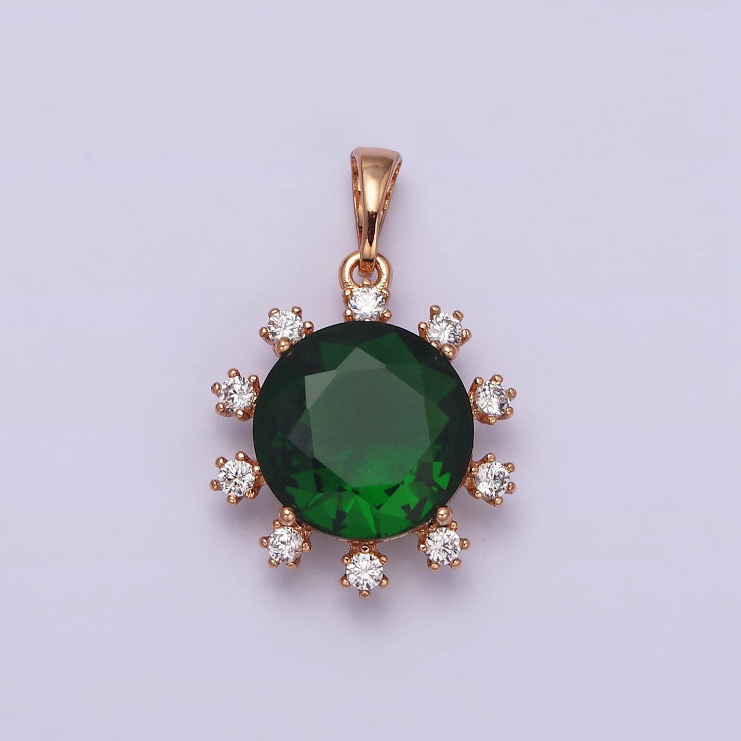 18K Gold Filled Clear, Black, Red, Pink, Purple, Green Round Cubic Zirconia Stone Colorful Birthstone CZ Pendant | AA496 - AA501