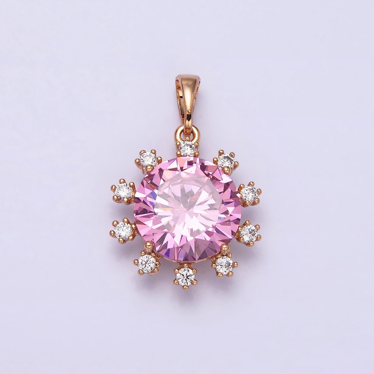 18K Gold Filled Clear, Black, Red, Pink, Purple, Green Round Cubic Zirconia Stone Colorful Birthstone CZ Pendant | AA496 - AA501