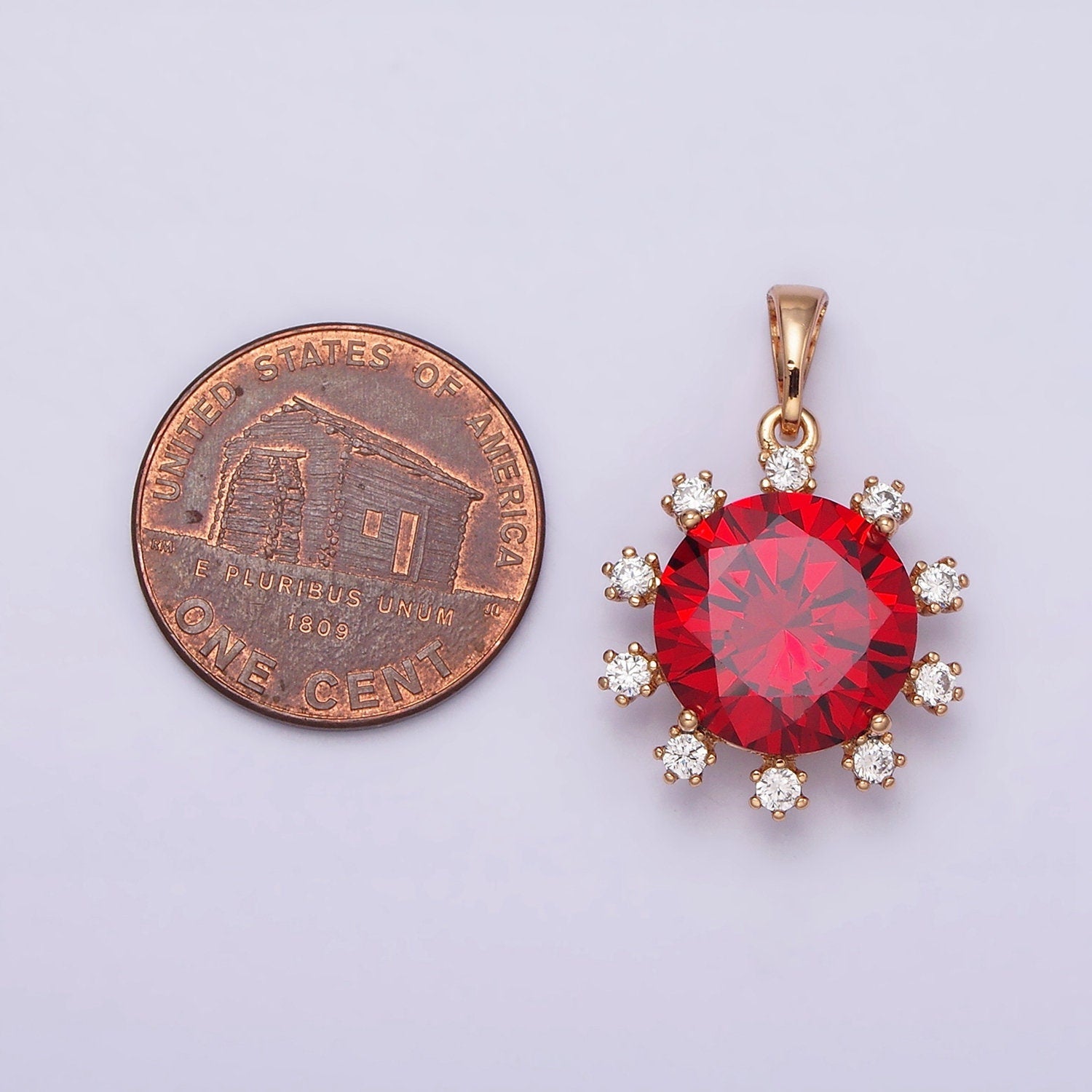 18K Gold Filled Clear, Black, Red, Pink, Purple, Green Round Cubic Zirconia Stone Colorful Birthstone CZ Pendant | AA496 - AA501