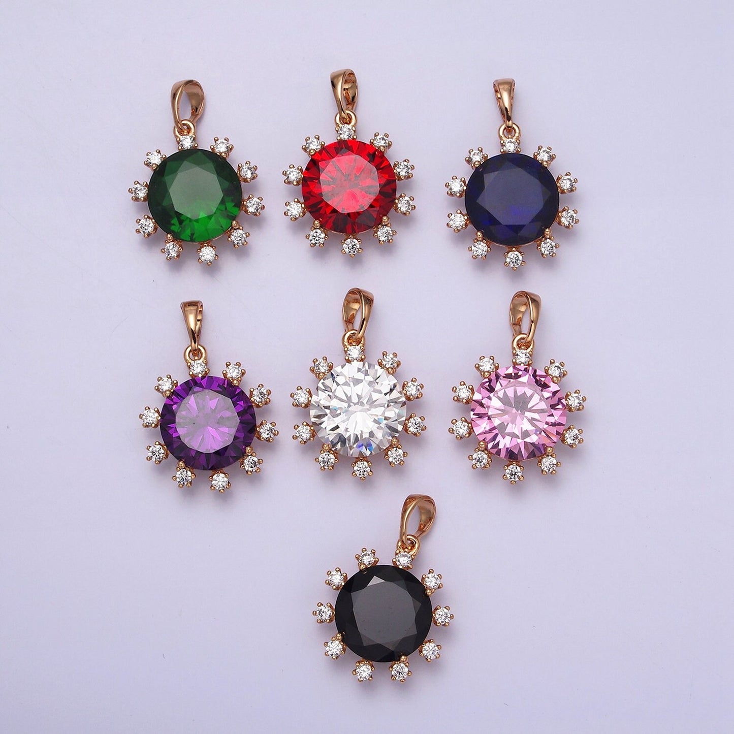 18K Gold Filled Clear, Black, Red, Pink, Purple, Green Round Cubic Zirconia Stone Colorful Birthstone CZ Pendant | AA496 - AA501
